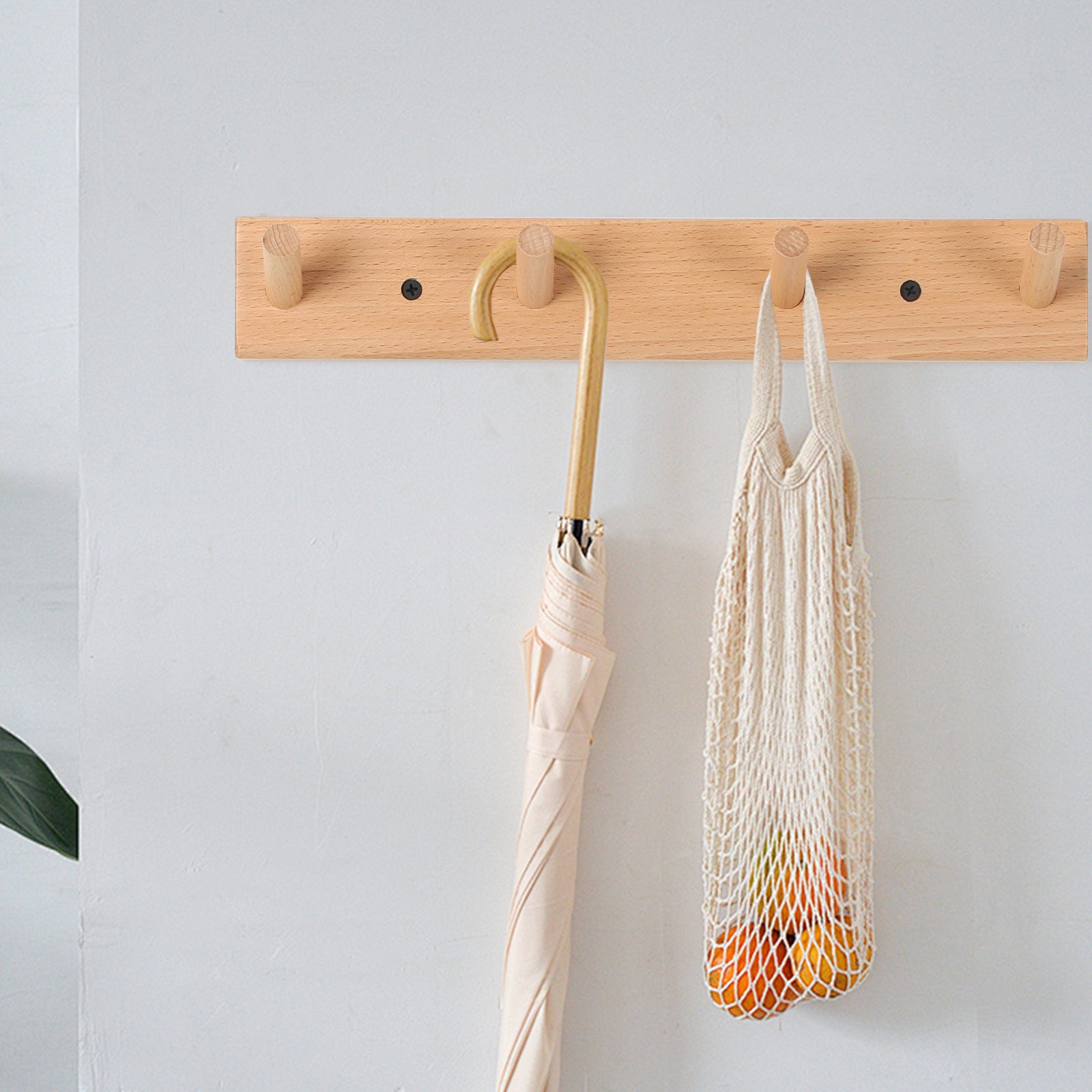 Rustic Solid Beech Wood Peg Coat Hooks 2 Pack, Wall Mount 4-Peg Hanging Rack with Adhesive Glue & Hardware Screws, Minimalist Farmhouse Wall Hanger for Coats, Backpacks, Umbrellas, Towels, Entryway Decor
