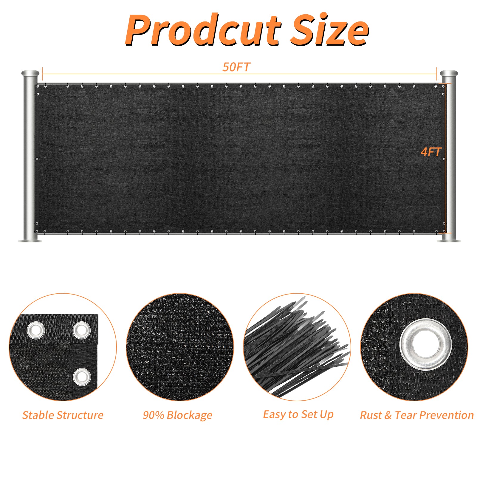 4' x 50' Heavy Duty Privacy Screen Fence - 90% Blockage Mesh Shade Windscreen for Garden & Patio