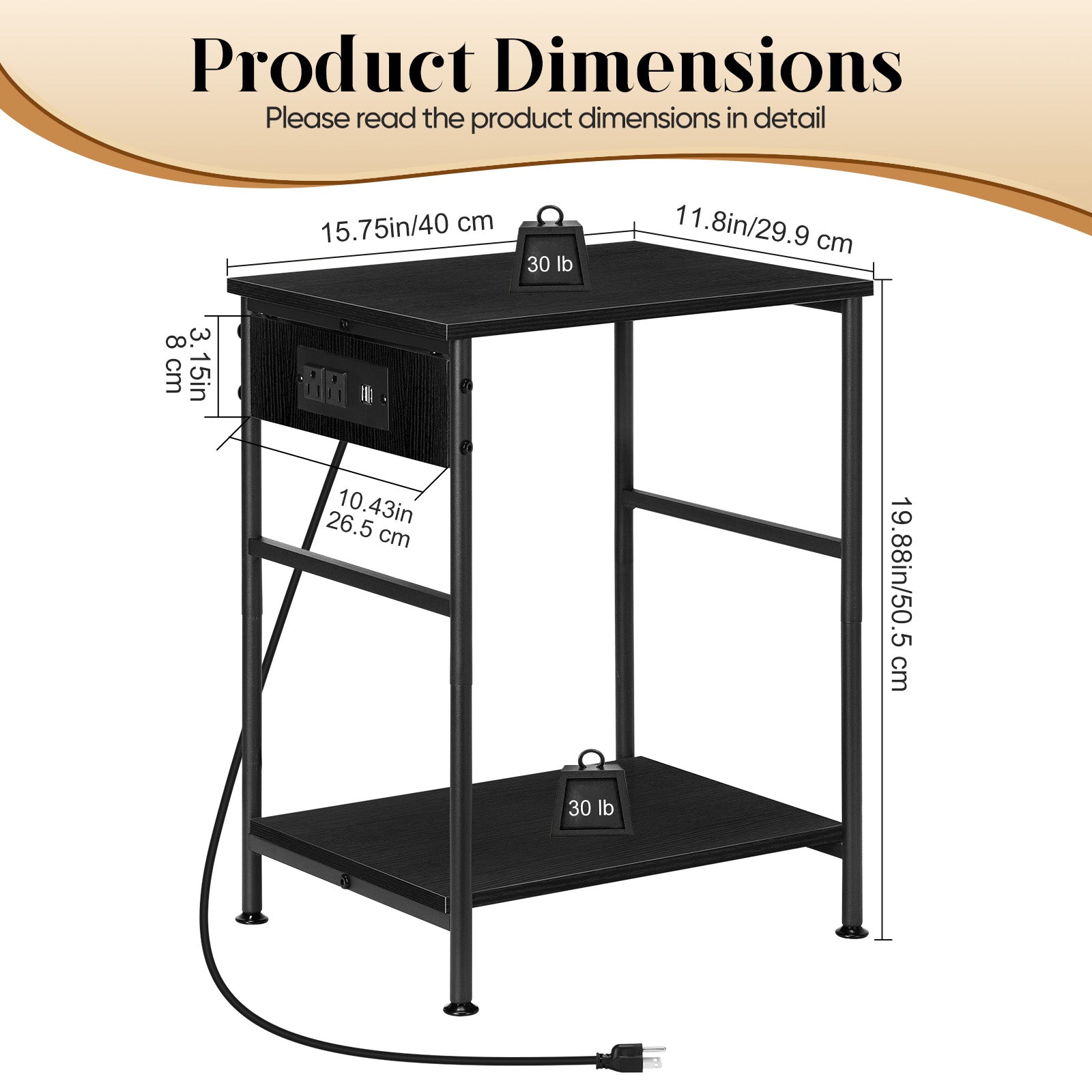 Set of 2 End Tables with Charging Station, 3-Tier Side Table with USB Ports and Power Outlets, Small Bedside Table Nightstand for Living Room and Bedroom, Industrial Steel Frame, Black