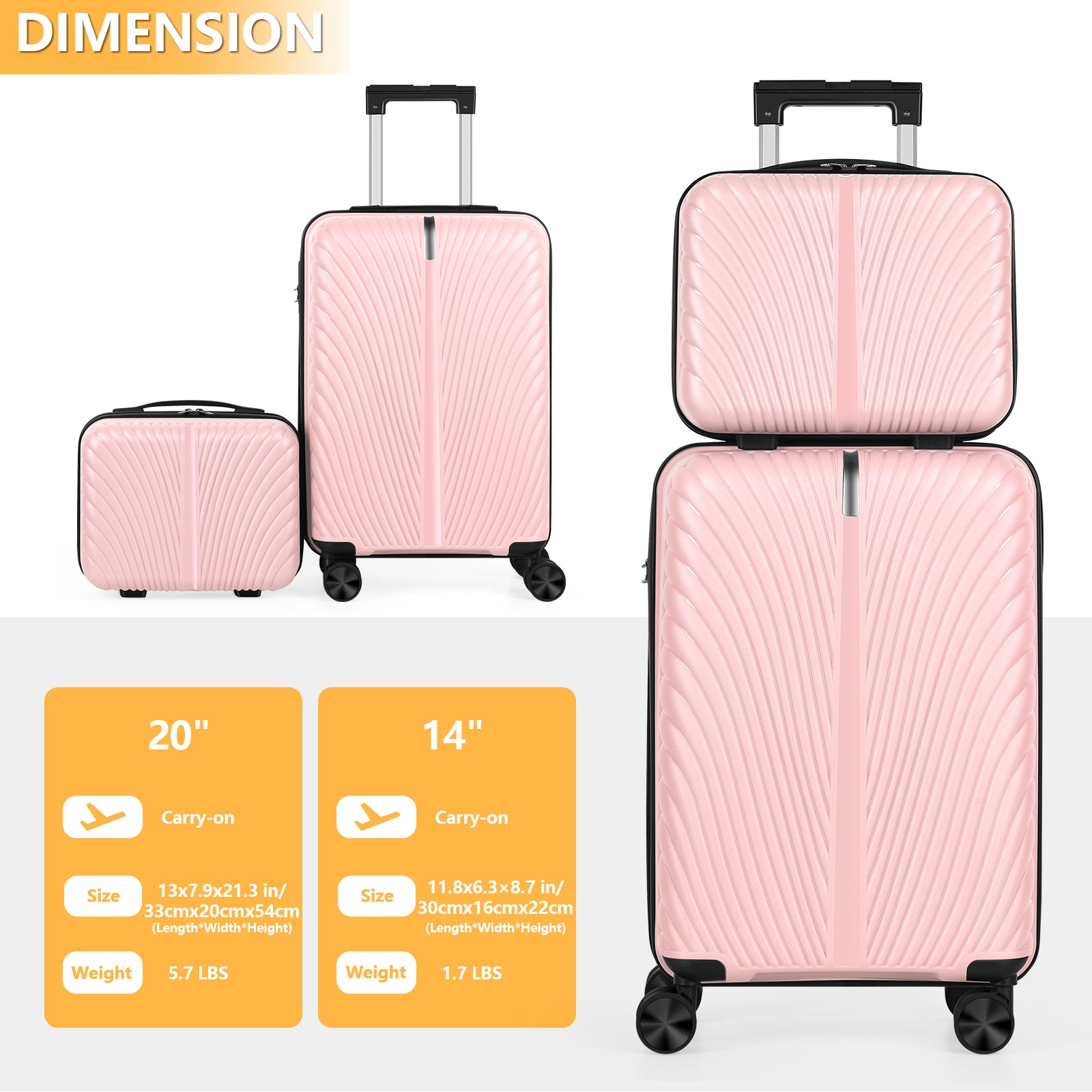 2pcs 20 inch+14 inch Lightweight Hardside Luggage Set, Spinner Suitcase Carry-On + Checked Bag, TSA Lock, Airline Approved, Durable Travel Luggage for Women & Men, Pink