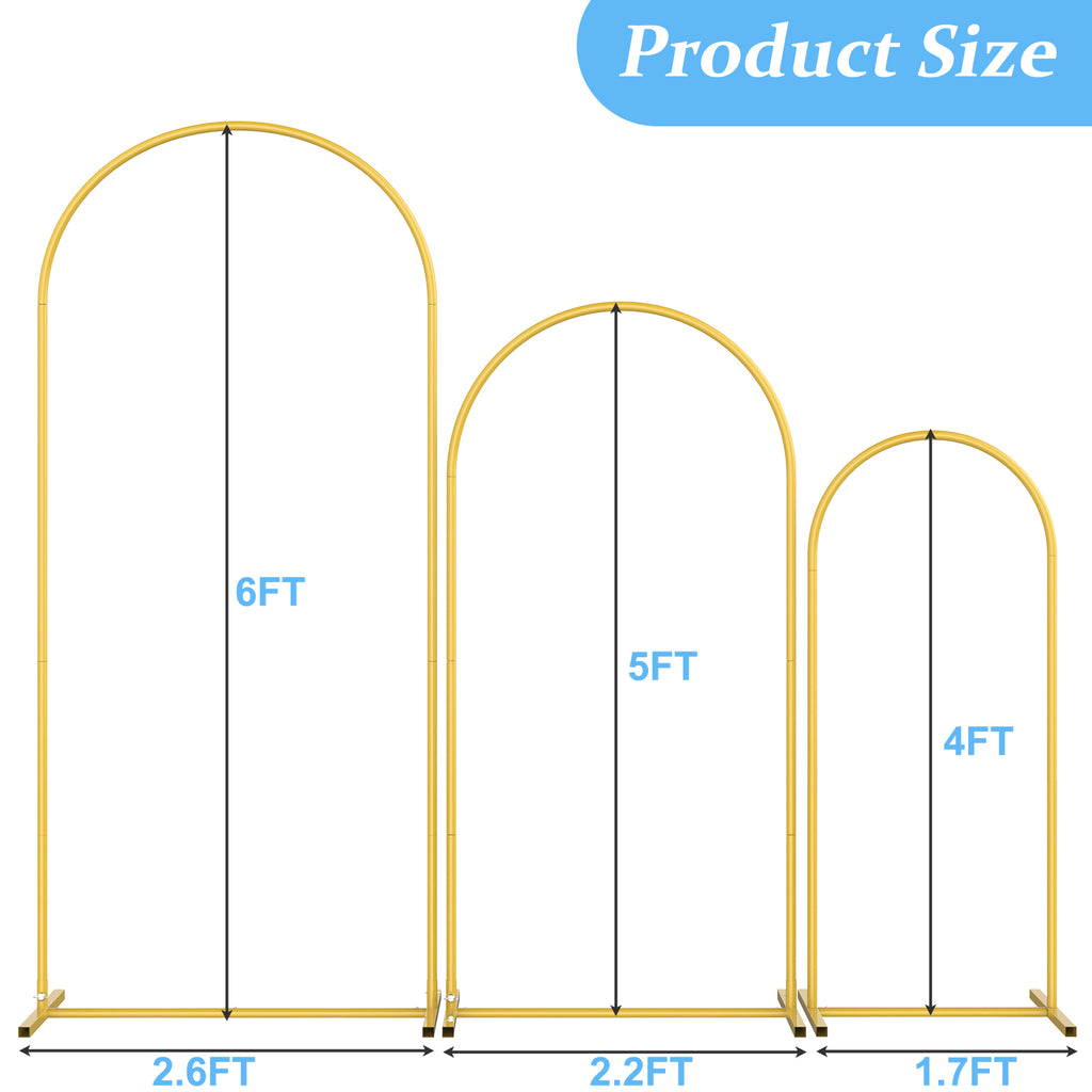 Gold Metal Arched Backdrop Frame Set of 3, Heights 4ft, 5ft, and 6ft, Triple Piece Floral and Balloon Display Stand for Wedding Ceremony, Anniversary Party, and Photography Backgrounds