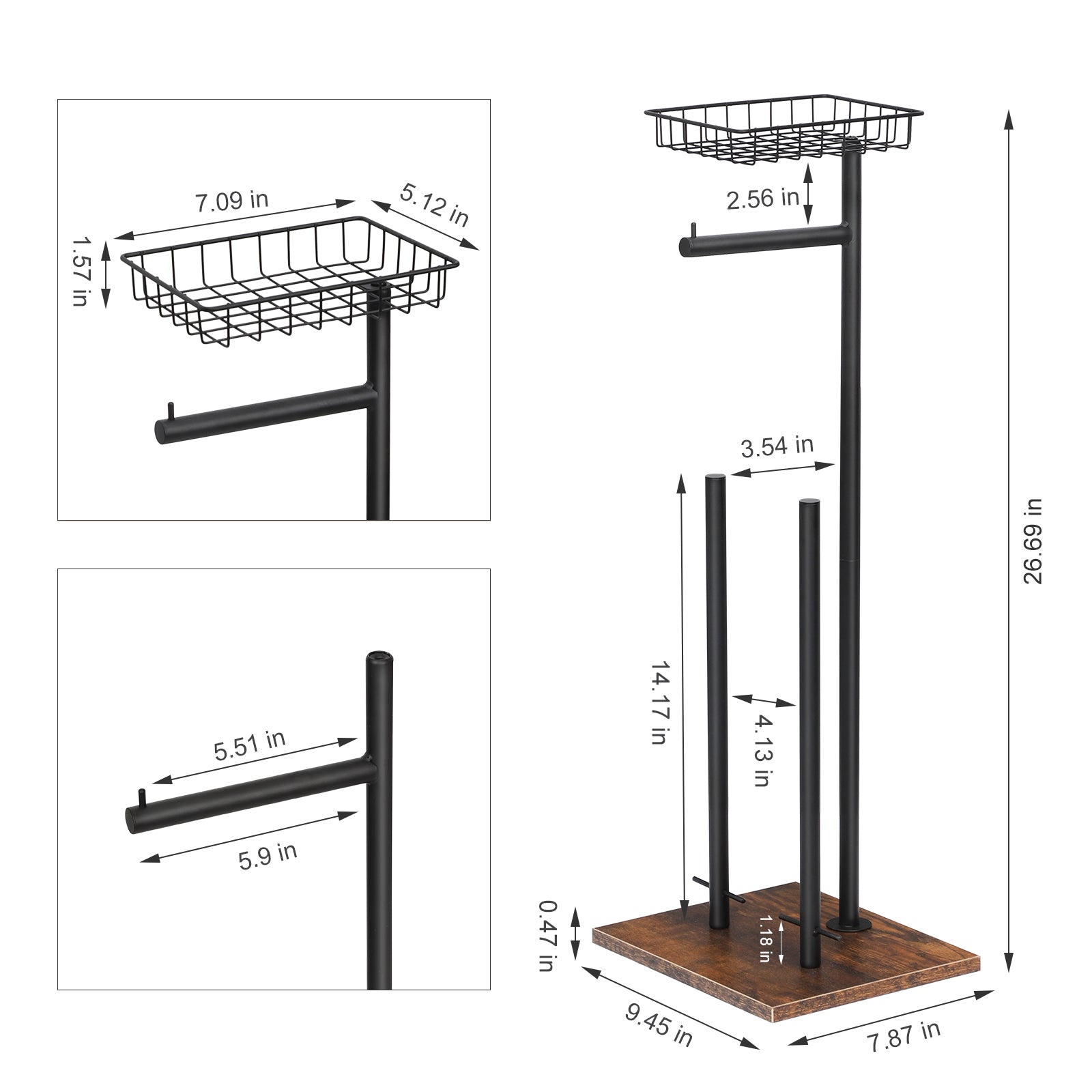 Free Standing Toilet Paper Holder Stand with Top Wire Storage Basket, Dual Spare Roll Holders Rustic Wood Base Black Metal Tissue Roll Rack, Multifunctional Floor Toilet Paper Organizer for Bathroom