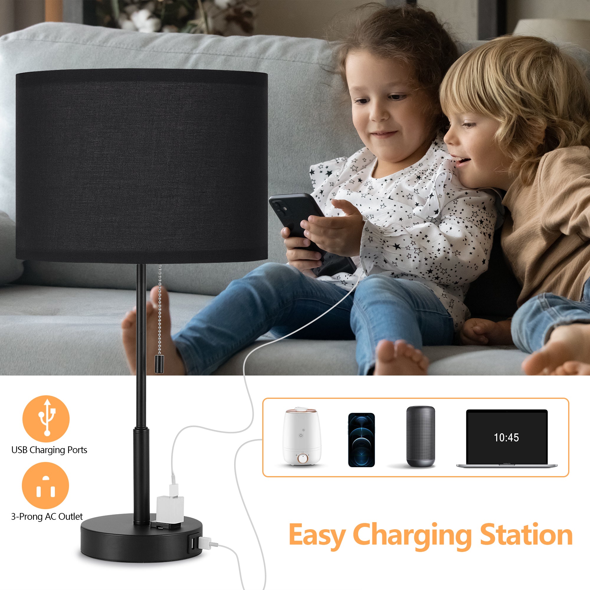 Set of 2 Contemporary Black Nightstand Lamps with Dual USB Ports for Bedroom and Living Room Use
