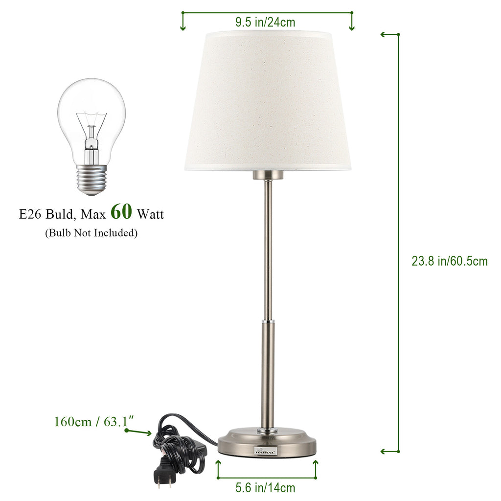 Modern Bedside Lamps Set of 2 - Brushed Nickel Table Lamps with Linen Fabric Shade and Sliver Metal Base, Elegant Nightstand Lamps for Bedroom, Hotel, Dorm, Office