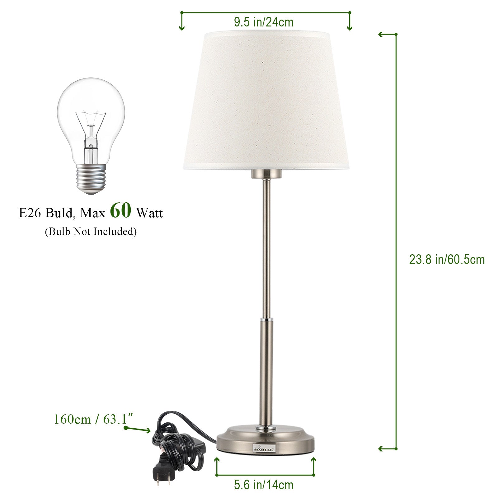 Modern Bedside Lamps Set of 2 - Brushed Nickel Table Lamps with Linen Fabric Shade and Sliver Metal Base, Elegant Nightstand Lamps for Bedroom, Hotel, Dorm, Office