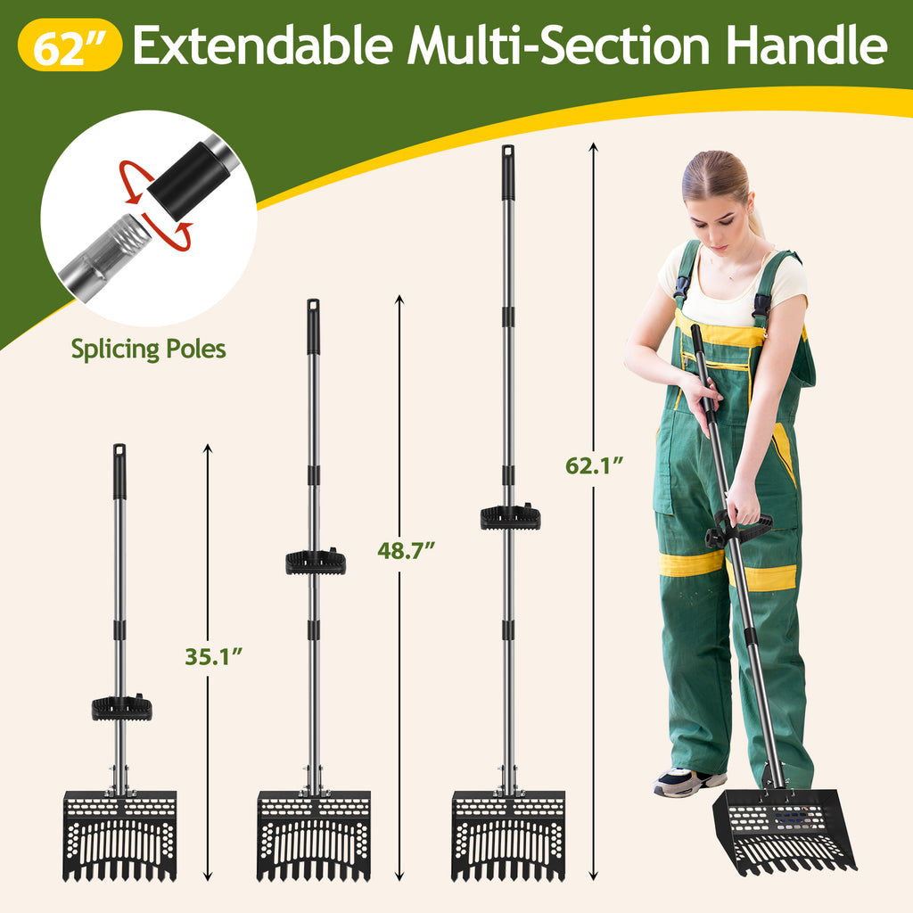 Multi-Purpose Waste Sifter and Rake Tool - Adjustable Stainless Steel Poop Shovel for Poultry Coops, Cat Litter, and Stable Maintenance - Long Handle Cleaning Solution, Black