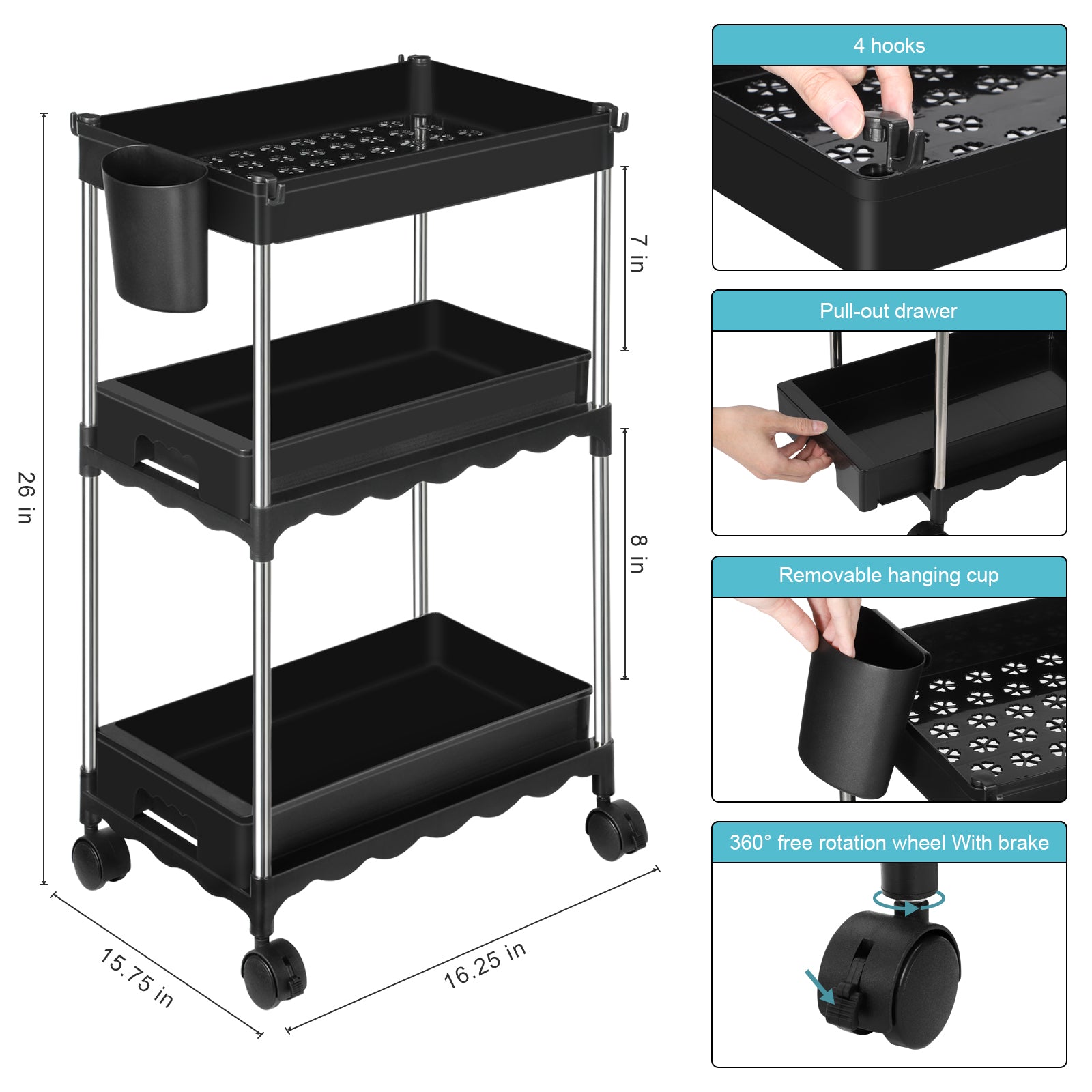 3 Tier Rolling Cart Organizer, Plastic Rolling Cart with Lockable Wheels, Laundry Room Bathroom Organizers and Storage Mobile Shelving Unit for Kitchen Bathroom Living Room Office