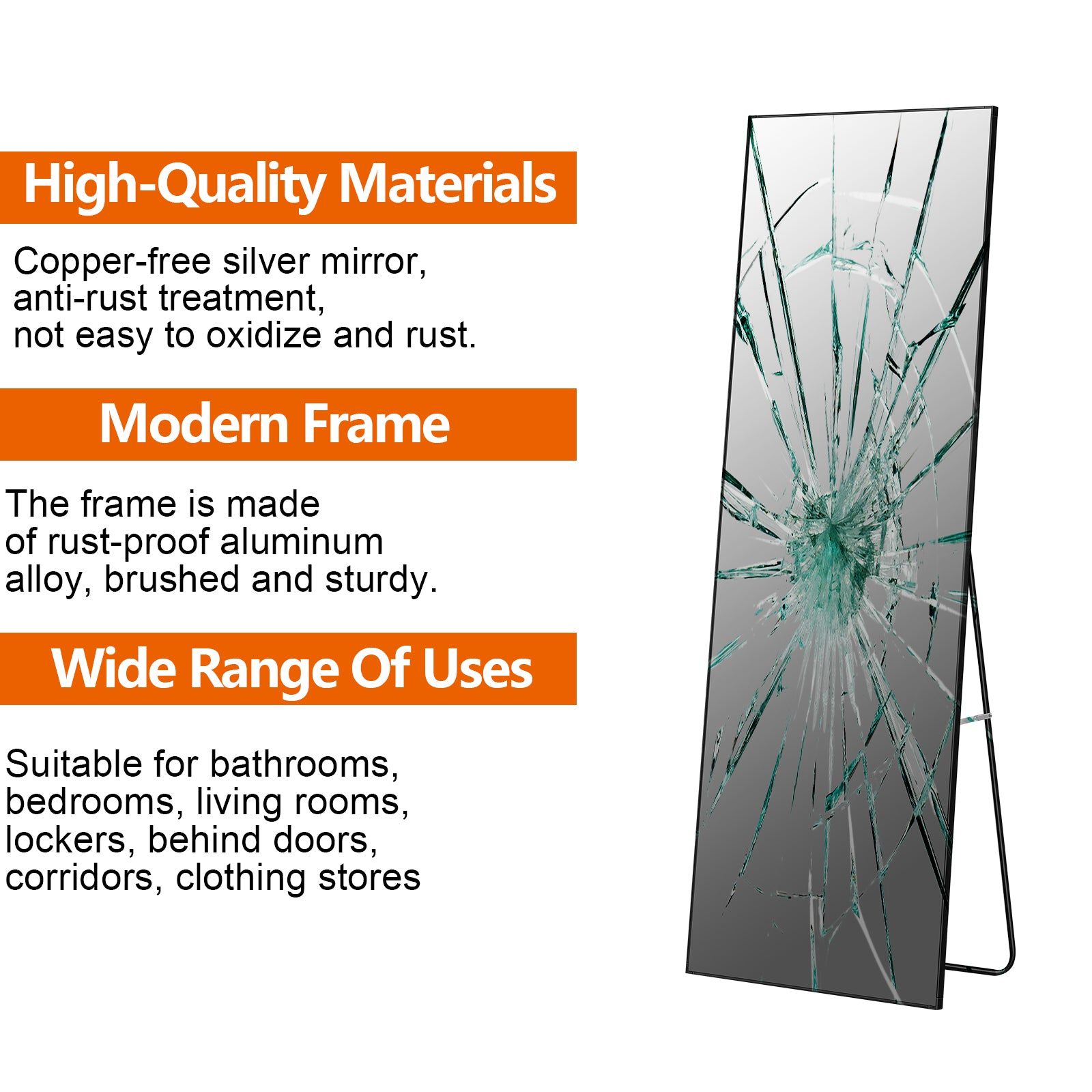 65inch x 23inch Full Length Mirror with Standing Holder, Large Floor Mirror with Metal Frame, Dressing Mirror for Bedroom and Locker Room,