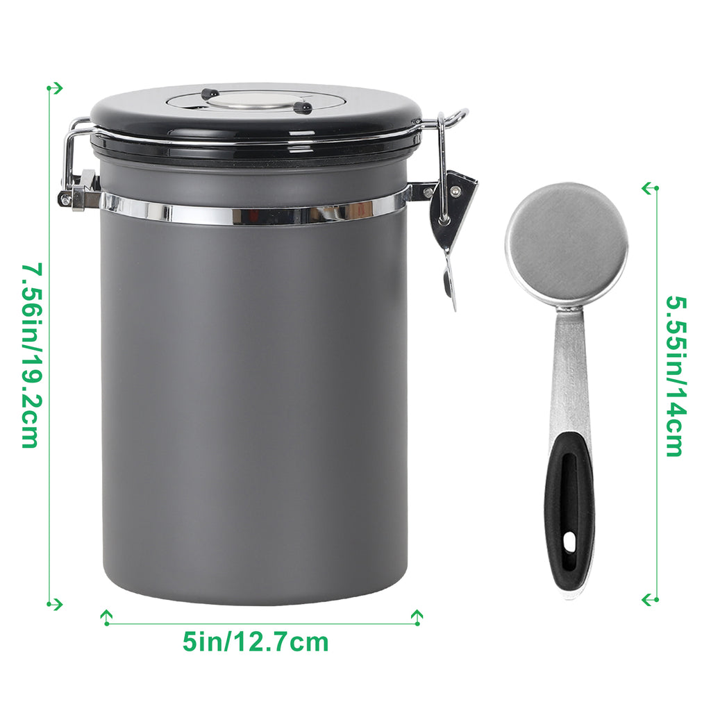 Airtight Coffee Canister - 22 oz Stainless Steel Coffee Bean Storage with Date Tracker & CO2 Valve - Includes Measuring Scoop, Gray