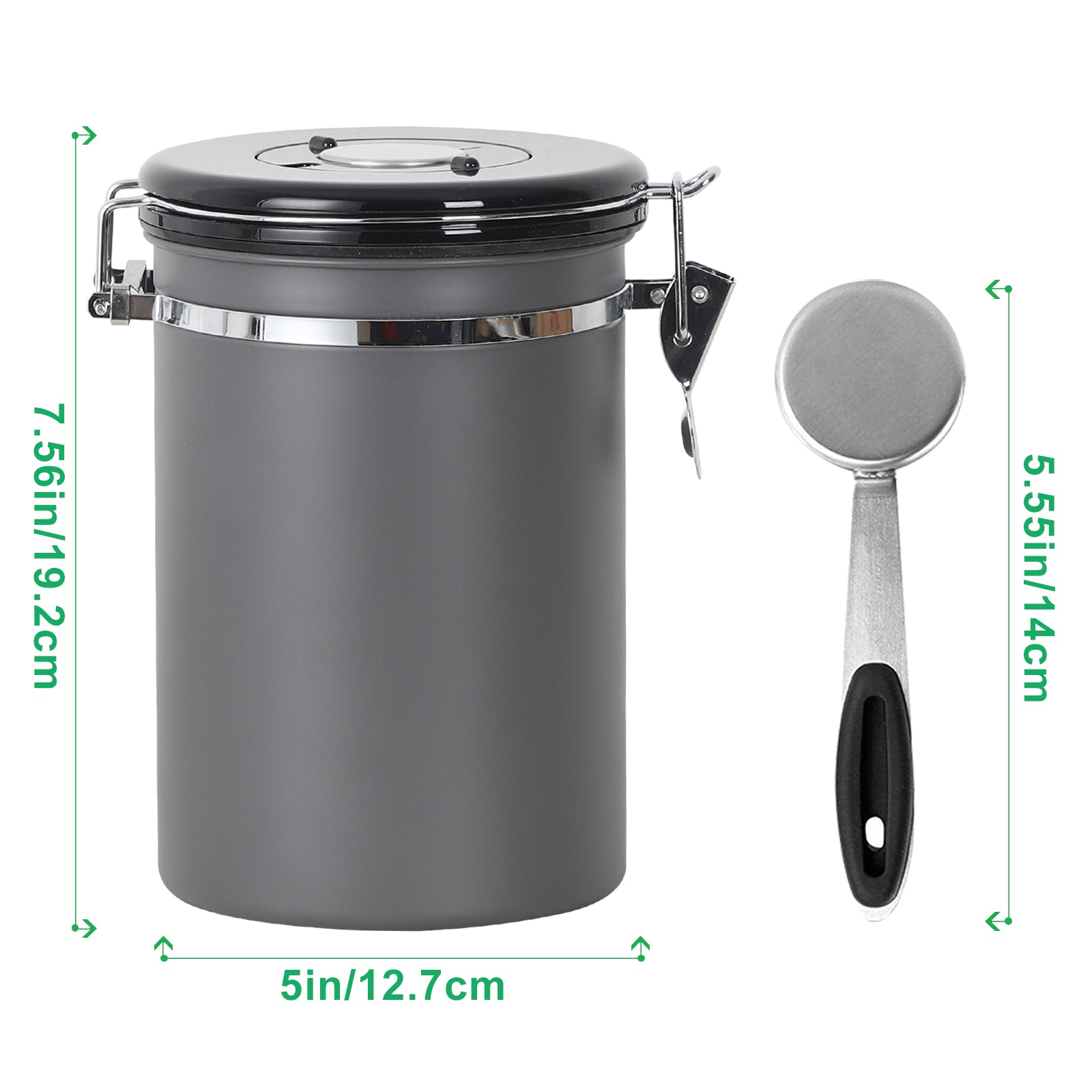 Airtight Coffee Canister - 22 oz Stainless Steel Coffee Bean Storage with Date Tracker & CO2 Valve - Includes Measuring Scoop, Gray