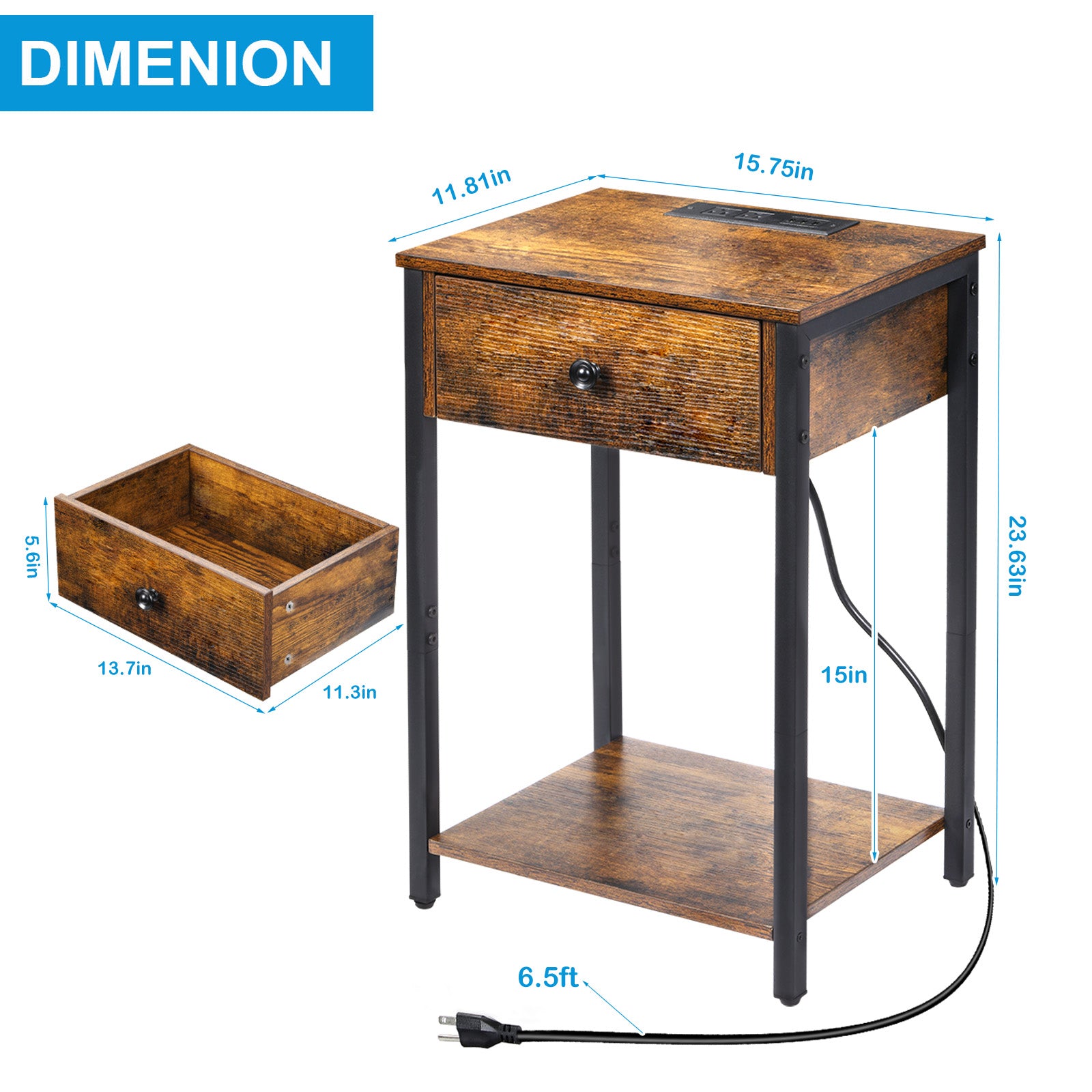 Set of 2 Farmhouse Bedside Tables with Integrated Power Strip, 3 USB Ports, Floating Drawer, and Rustic Charred Wood Finish