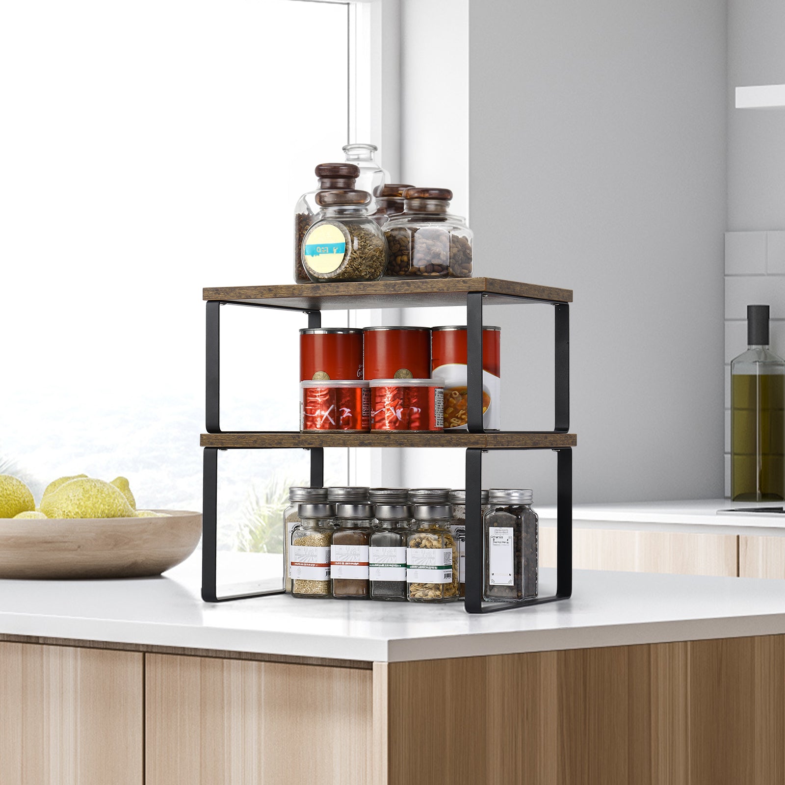 Two tiered storage desk. Seasoning display stand. Essential oil display stand. Stackable storage rack. Install 4 storage cabinets. Expandable counter rack. Suitable for kitchens and bathrooms.