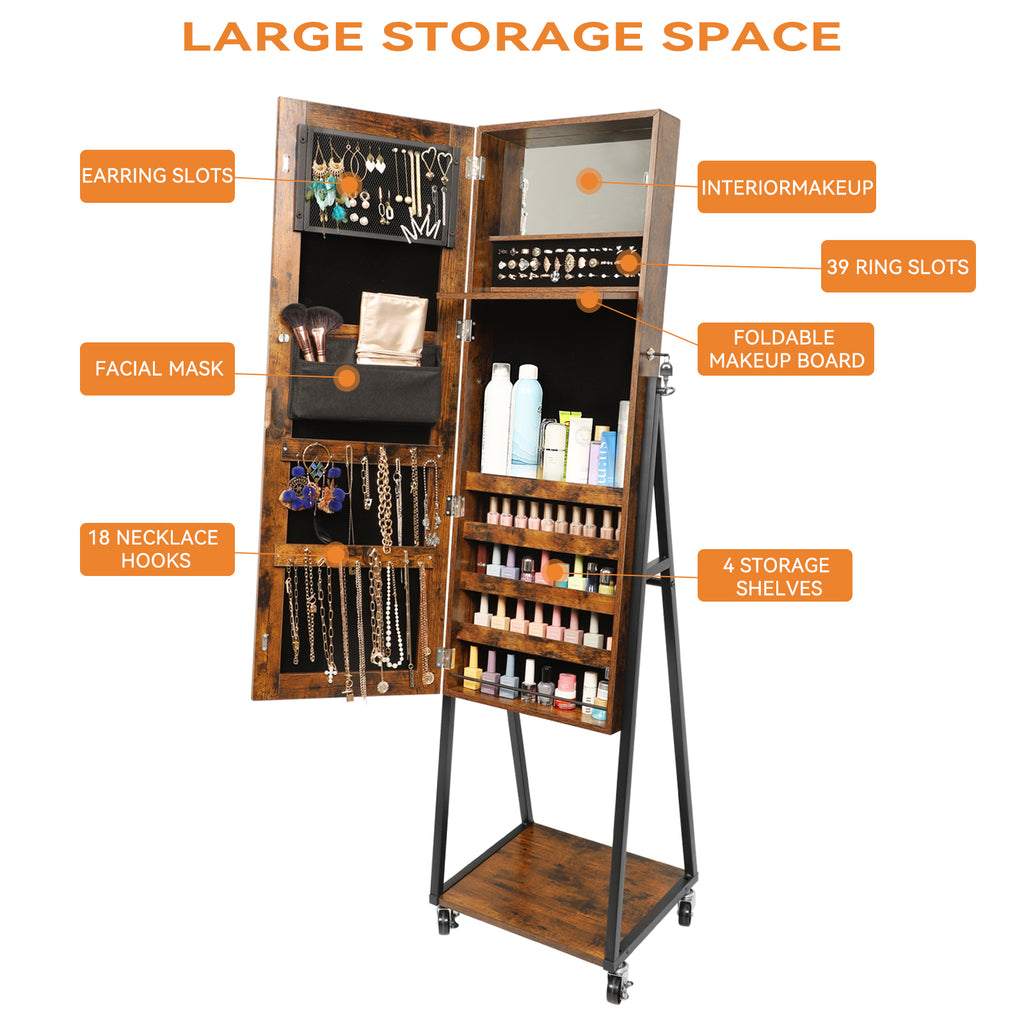 Full-Length Mirror Jewelry Cabinet Armoire - Standing Jewelry Organizer with Wood Grain Finish