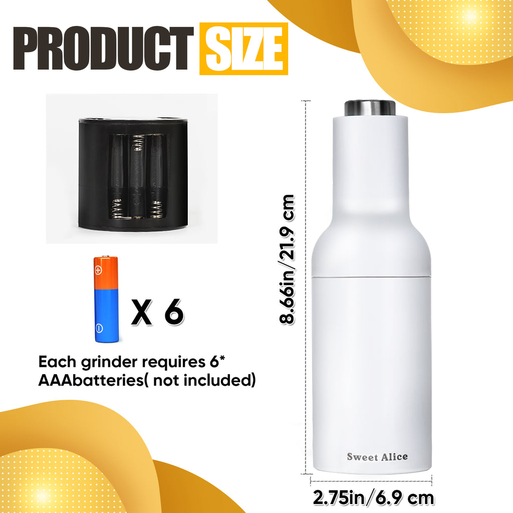 Gravity Automatic Salt and Pepper Grinder Set - Electric Battery Operated Mill with LED Light, Black & White