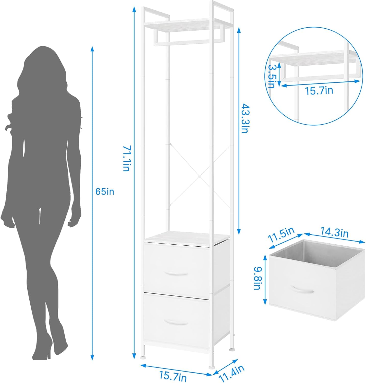 3-in-1 Clothes Rack w/ Drawers - Heavy Duty Garment Rack & Freestanding Closet Organizer, White