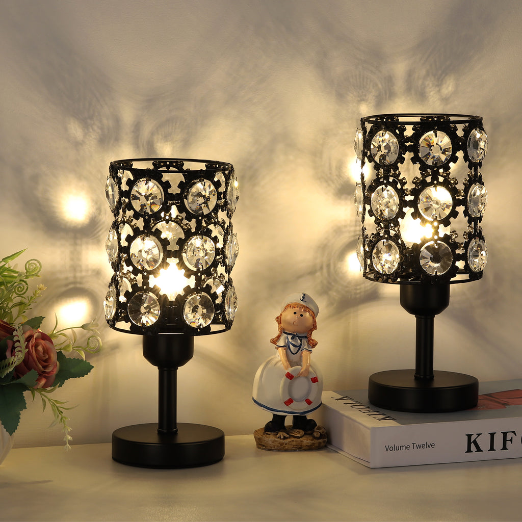 Set of 2 Crystal Bedside Lamp Small Crystal Table Lamp Black Crystal Lamps with Sunflower Diamond for Living Room Bedroom Nightstand Reading Room