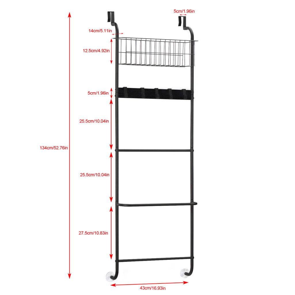 Over The Door Towel Rack with Basket, 5-Tier Hanging Towel Bar with Hooks for Bathroom Organization