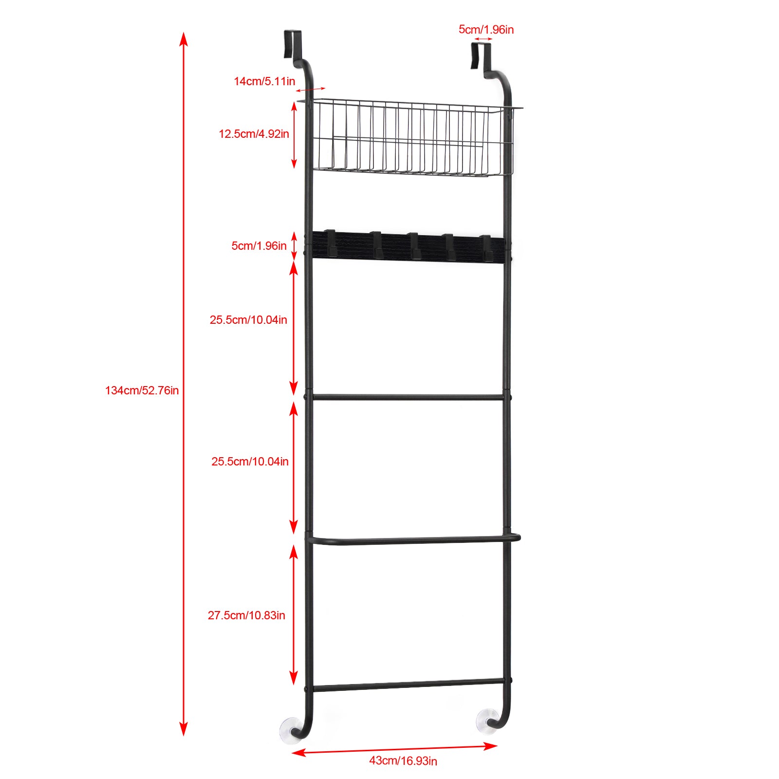 Over The Door Towel Rack with Basket, 5-Tier Hanging Towel Bar with Hooks for Bathroom Organization