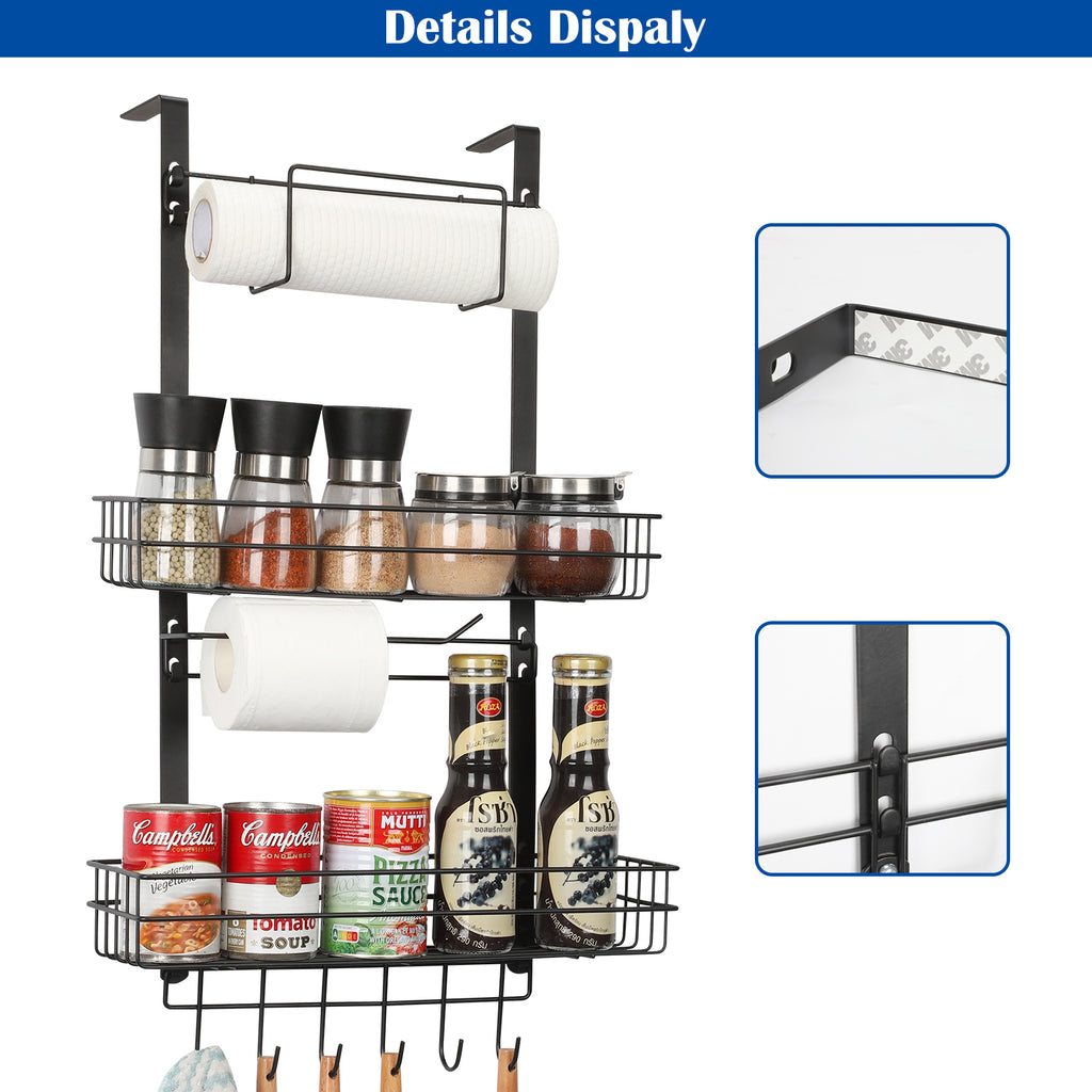 Spice Rack Organizer with Paper Towel Holder & Hooks, 2-Tier Refrigerator Side Storage Shelf, Black