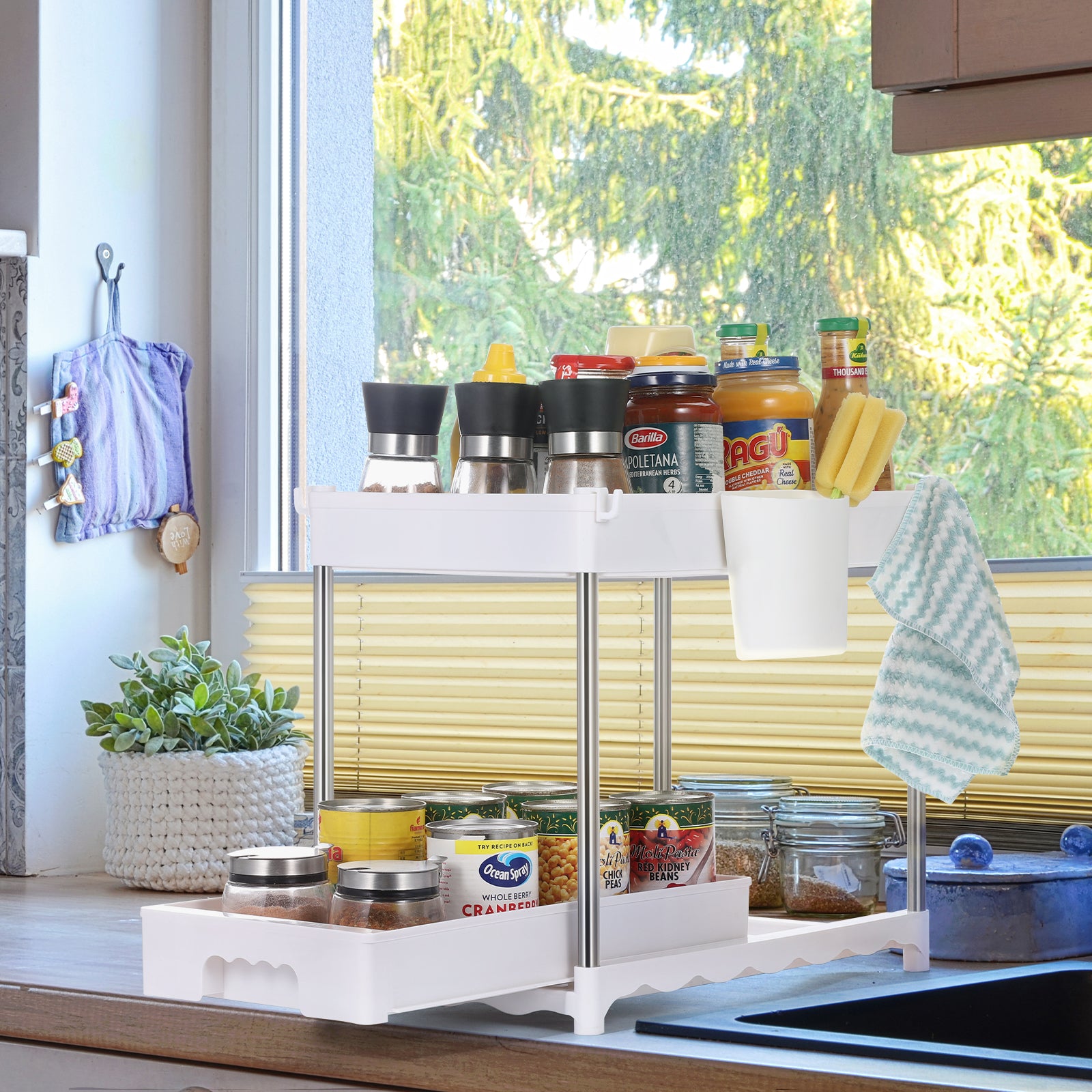 Under Sink Organizers and Storage, 2-Tier Bathroom Kitchen Organization and Storage, Bathroom Cabinet Organiz With Sliding Drawers, Under Sink Storage Shelves with Hooks Hanging Cup Dividers