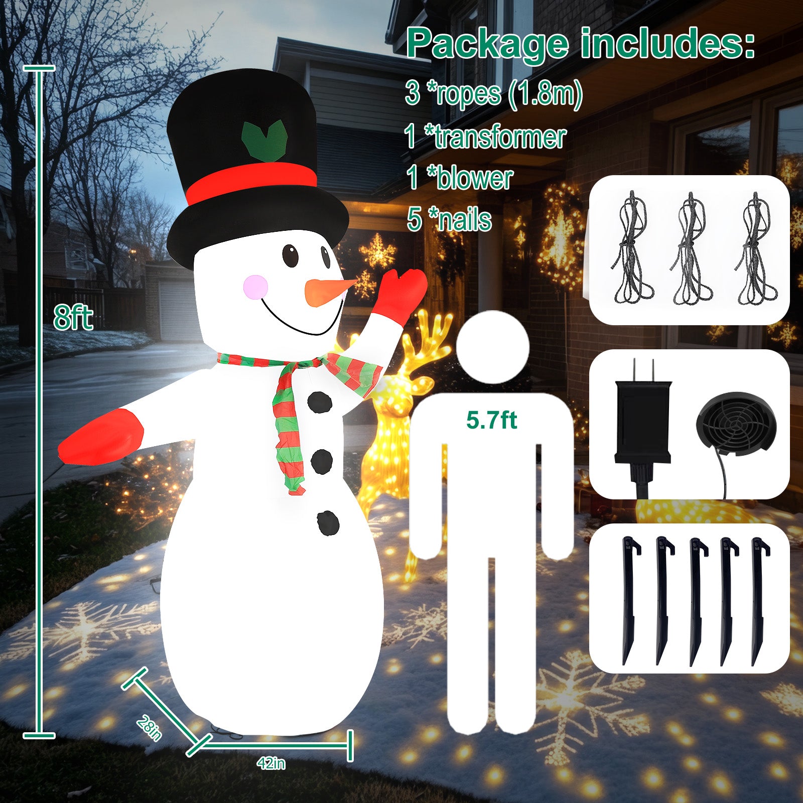8FT Giant Christmas Inflatable Snowman with Waving Arm & LED Lights, Outdoor Winter Yard Decor