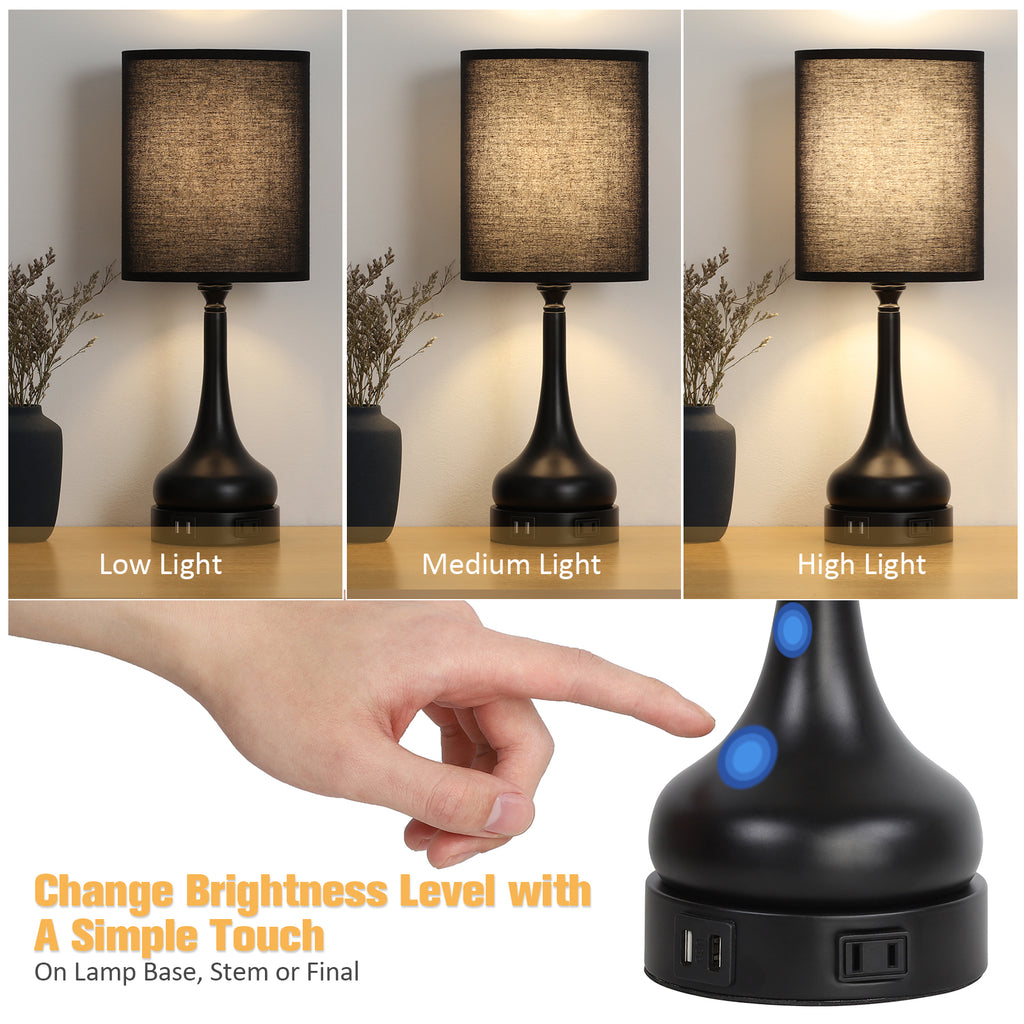 2-Pack 3-Way Dimmable Touch Control Bedside Lamps with Dual USB Ports and AC Outlet, Ideal for Bedroom and Office, LED Bulbs Included