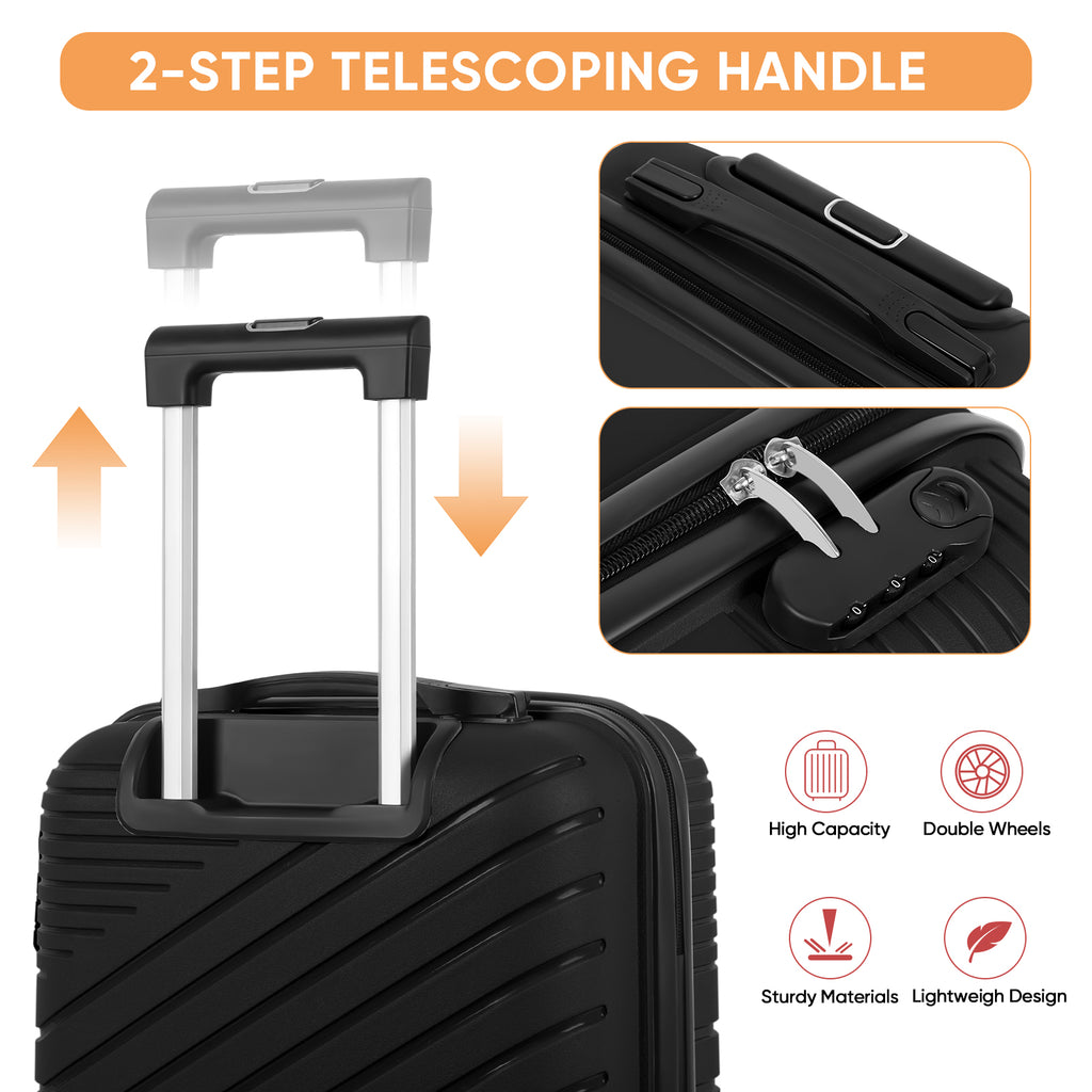 2-Piece PP Hardside Luggage Set - 20 Inch Carry On Suitcase + 14 Inch Cosmetic Case with Spinner Wheels (Black)