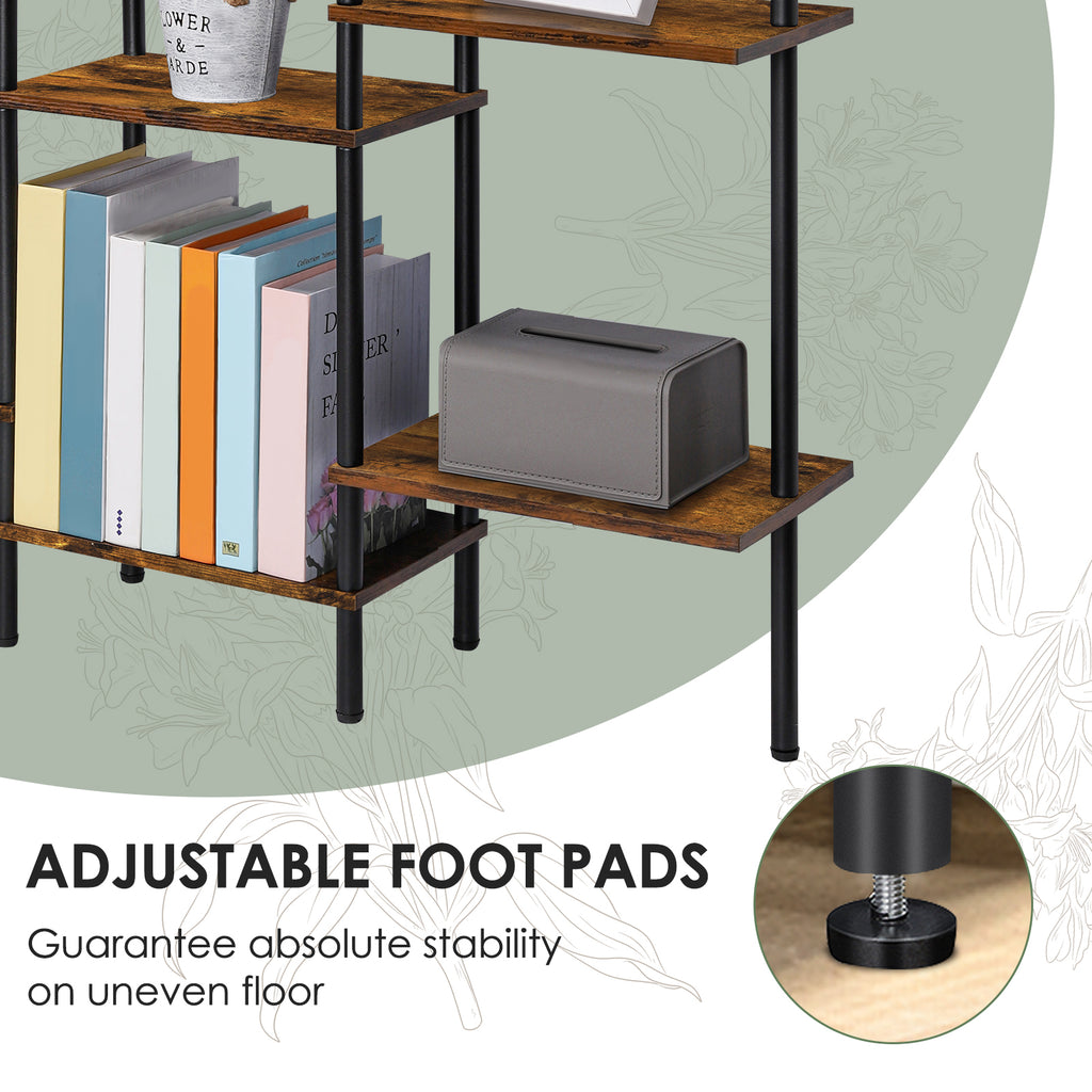 Triple-Wide 4-Tier Industrial Bookshelf - 10-Shelf Open Bookcase & Room Divider for Home Office, Rustic Brown,