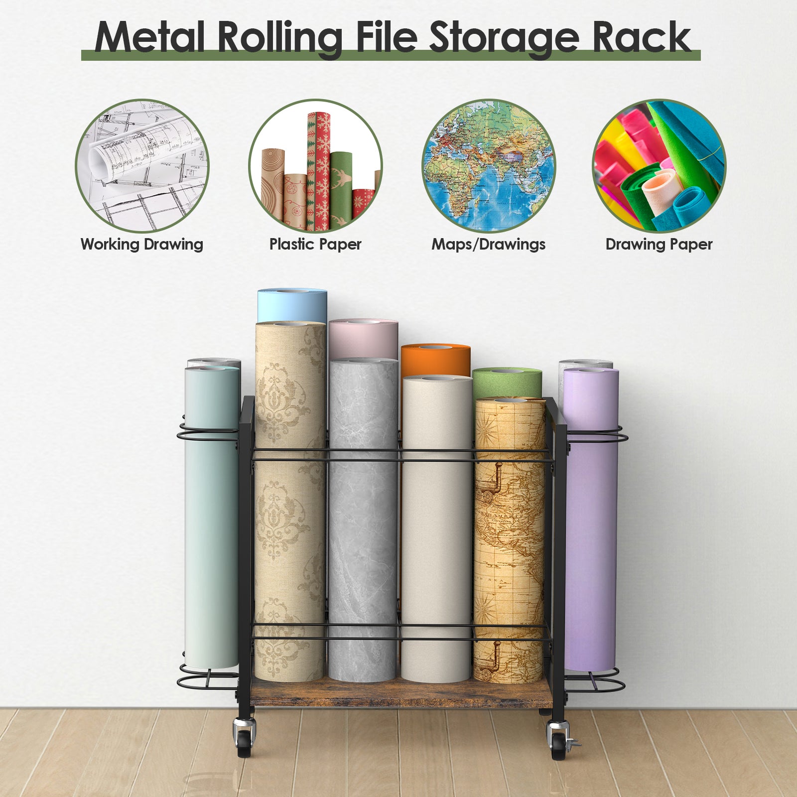 18-Slot Blueprint Storage Rack Cart - Mobile & Lockable Wrapping Paper Holder, Architectural Plans Organizer,