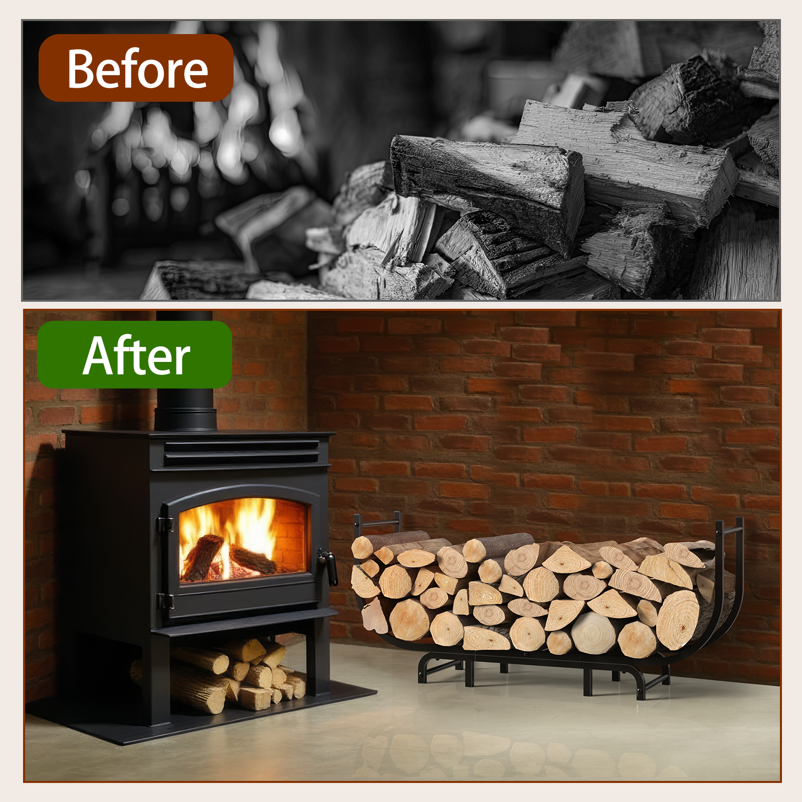 48inch Curved Firewood Rack, Heavy Duty Metal Log Storage Rack for Fireplace & Outdoor Use