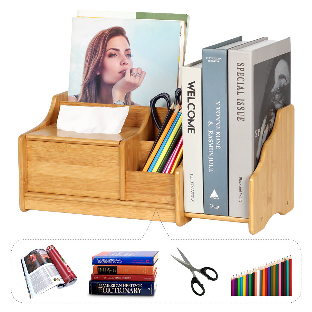 Expandable Bamboo Desk Organizer Tissue Box Pen Book Storage
