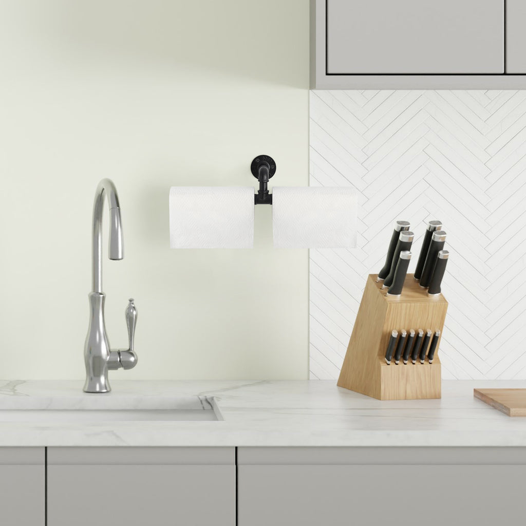 Industrial Dual-Post Pipe Toilet Paper Holder — Wall-Mounted Double Roll Tissue Rack for Bathroom and Kitchen.