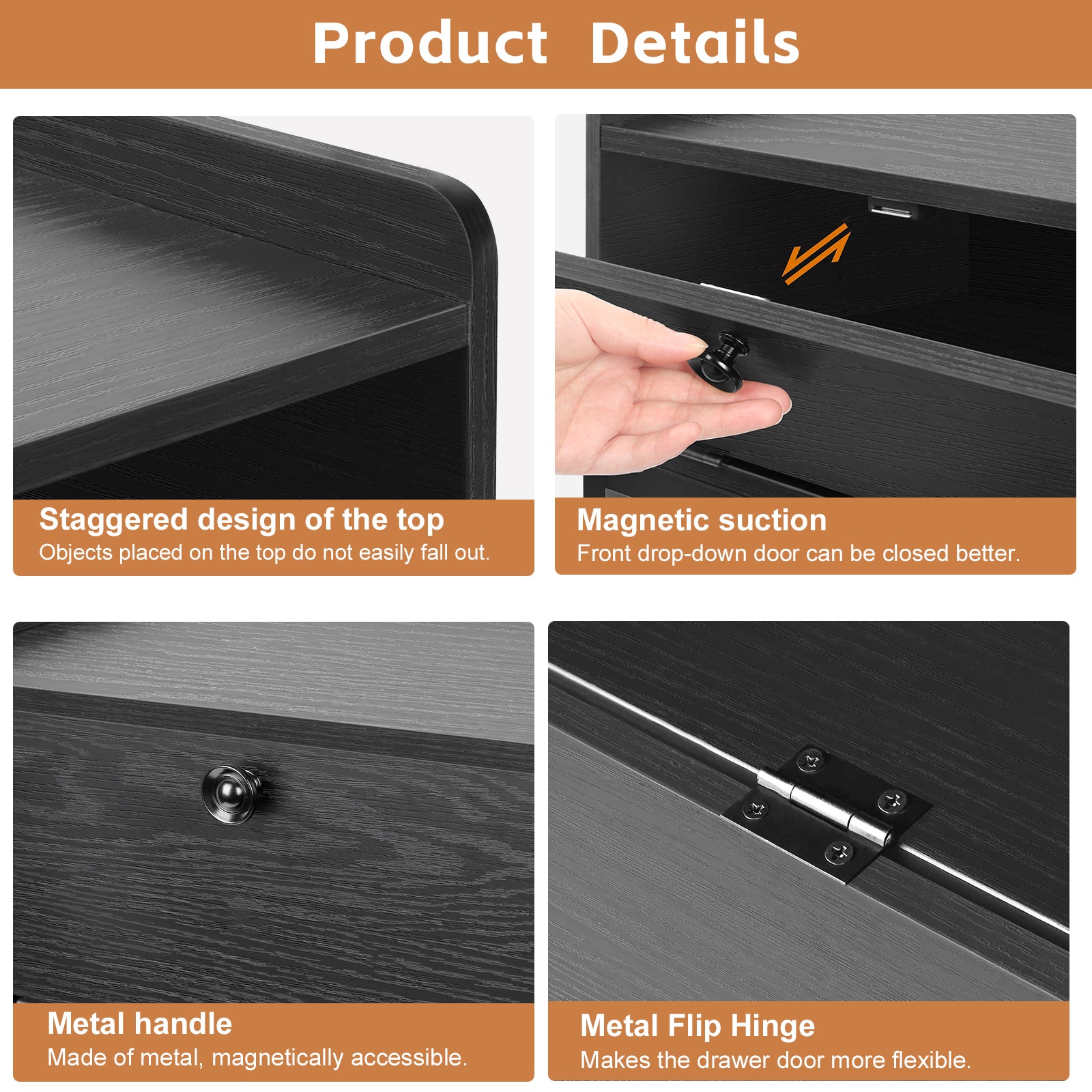 Nightstand with Charging Station & Flip-Top Storage, 3-Tier Bedside Table with Outlets & USB, Black Side Table for Small Spaces,