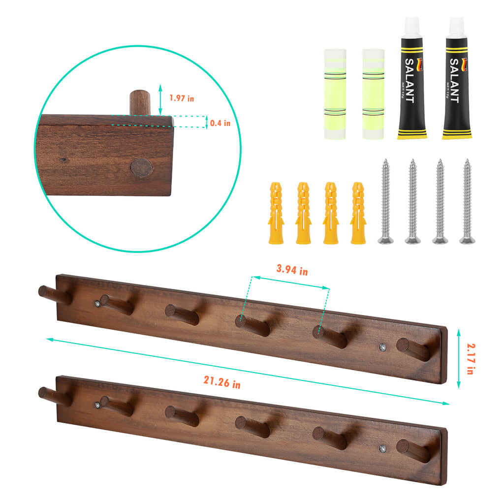 Rustic Dark Wood Peg Coat Hooks Set of 2, 6-Peg Wall Mount Hanging Rack, Farmhouse Wall Coat Hanger for Entryway Mudroom Towels Umbrellas Scarves