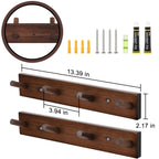 Rustic Solid Beech Wood Peg Coat Hooks 2 Pack, Wall Mount 4-Peg Hanging Rack with Adhesive Glue & Hardware Screws, Minimalist Farmhouse Wall Hanger for Coats, Backpacks, Umbrellas, Towels, Entryway Decor