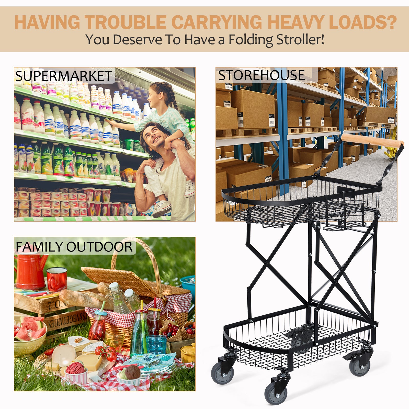 Multi functional foldable cart, office cart, freely movable multifunctional cart with rotating wheels, sturdy basket, black, suitable for home, office, travel, shopping