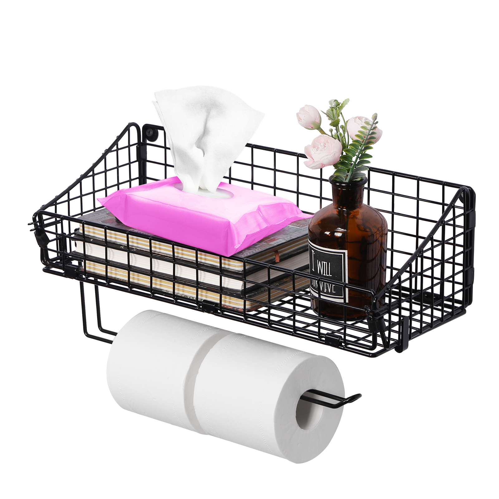 Black Metal Mesh Wall-Mounted Storage Basket with Integrated Paper Towel Dispenser for Multi-Room Organization