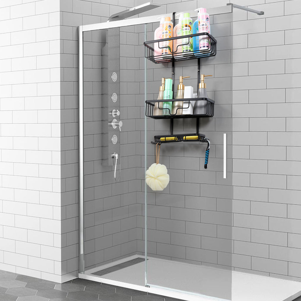 Aluminum bathroom basket behind the door, hanging, aluminum bathroom, shower caddy organizer with 2 baskets and hooks, anti-rust shampoo, conditioner and soap, black