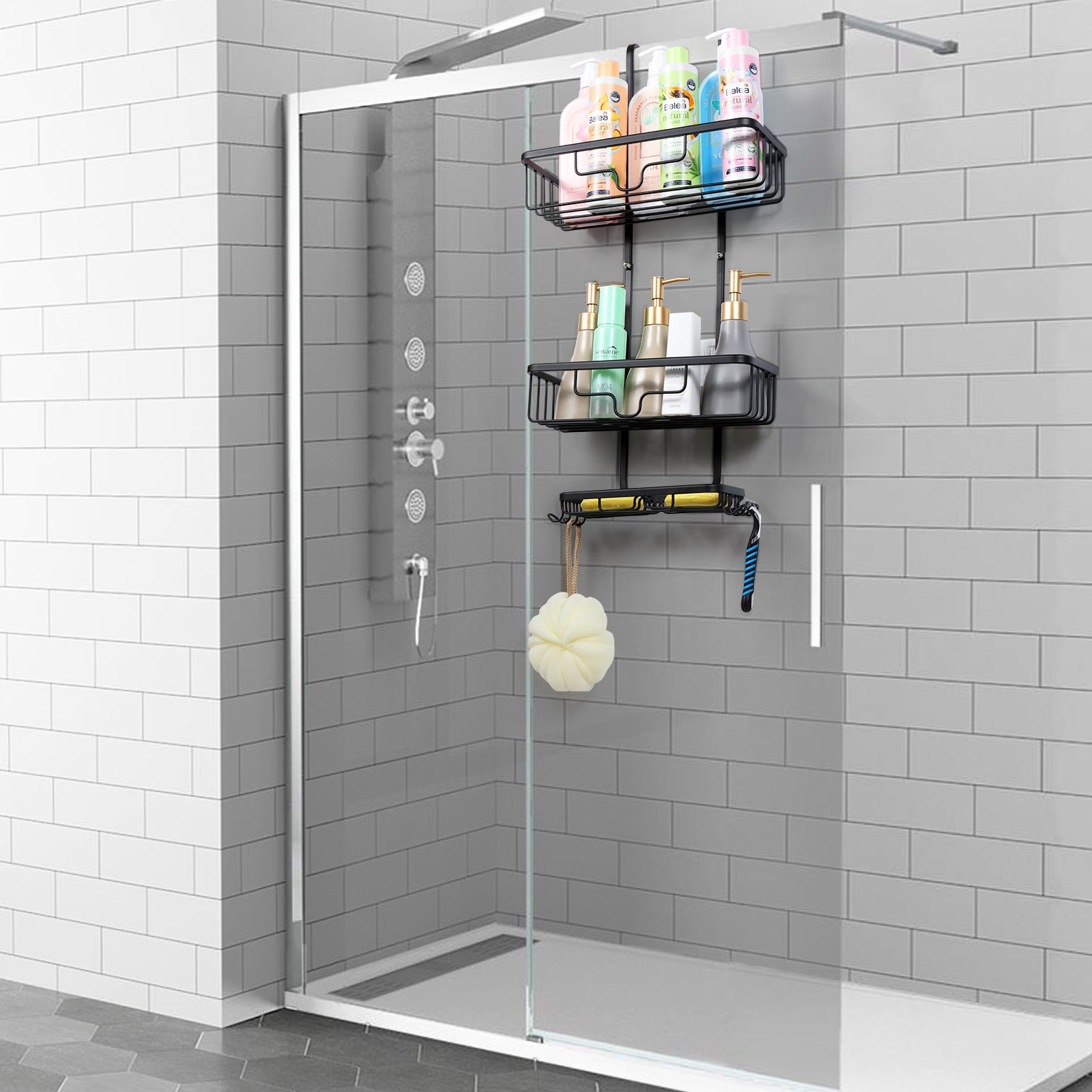 Aluminum bathroom basket behind the door, hanging, aluminum bathroom, shower caddy organizer with 2 baskets and hooks, anti-rust shampoo, conditioner and soap, black