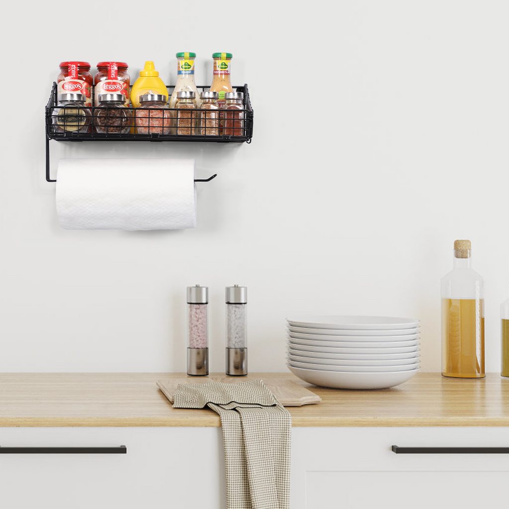 Black Metal Mesh Wall-Mounted Storage Basket with Integrated Paper Towel Dispenser for Multi-Room Organization