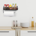 Black Metal Mesh Wall-Mounted Storage Basket with Integrated Paper Towel Dispenser for Multi-Room Organization