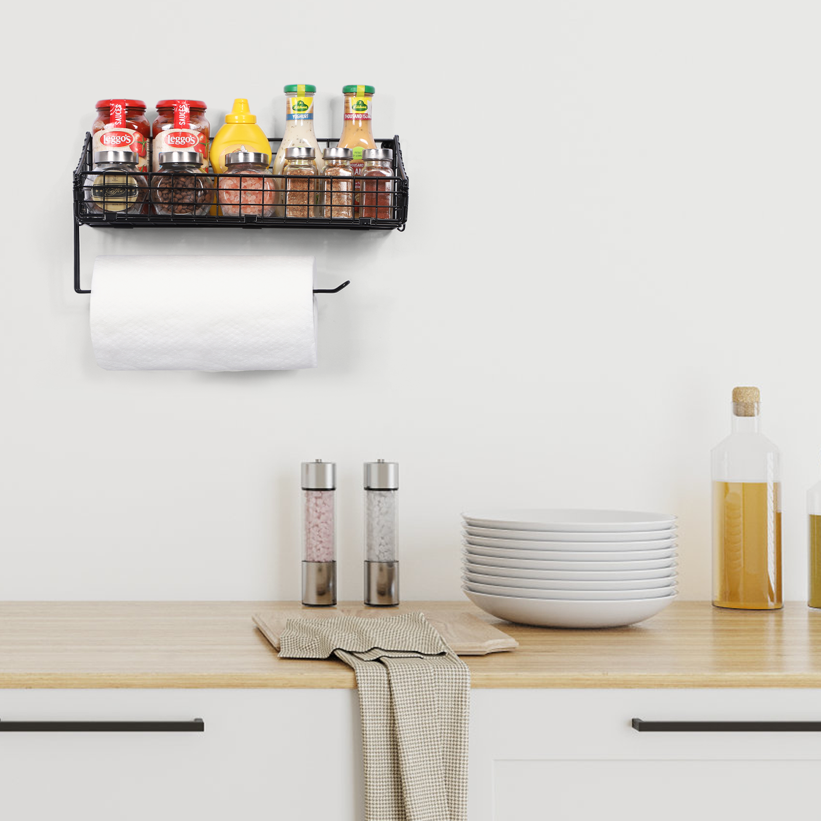 Black Metal Mesh Wall-Mounted Storage Basket with Integrated Paper Towel Dispenser for Multi-Room Organization