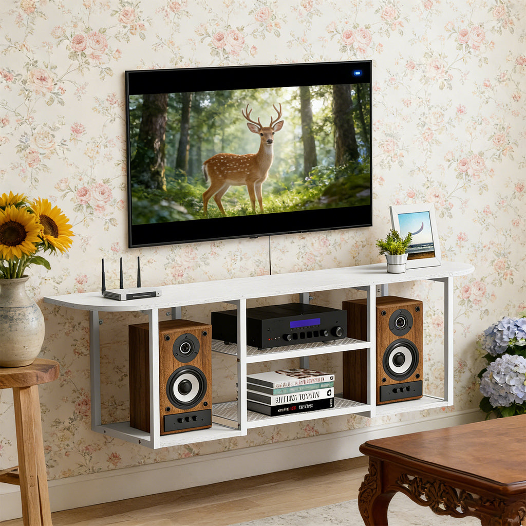 Floating TV Stand (120cm) - Wall Mounted White Entertainment Centre for 50" TVs w/ Open Shelves
