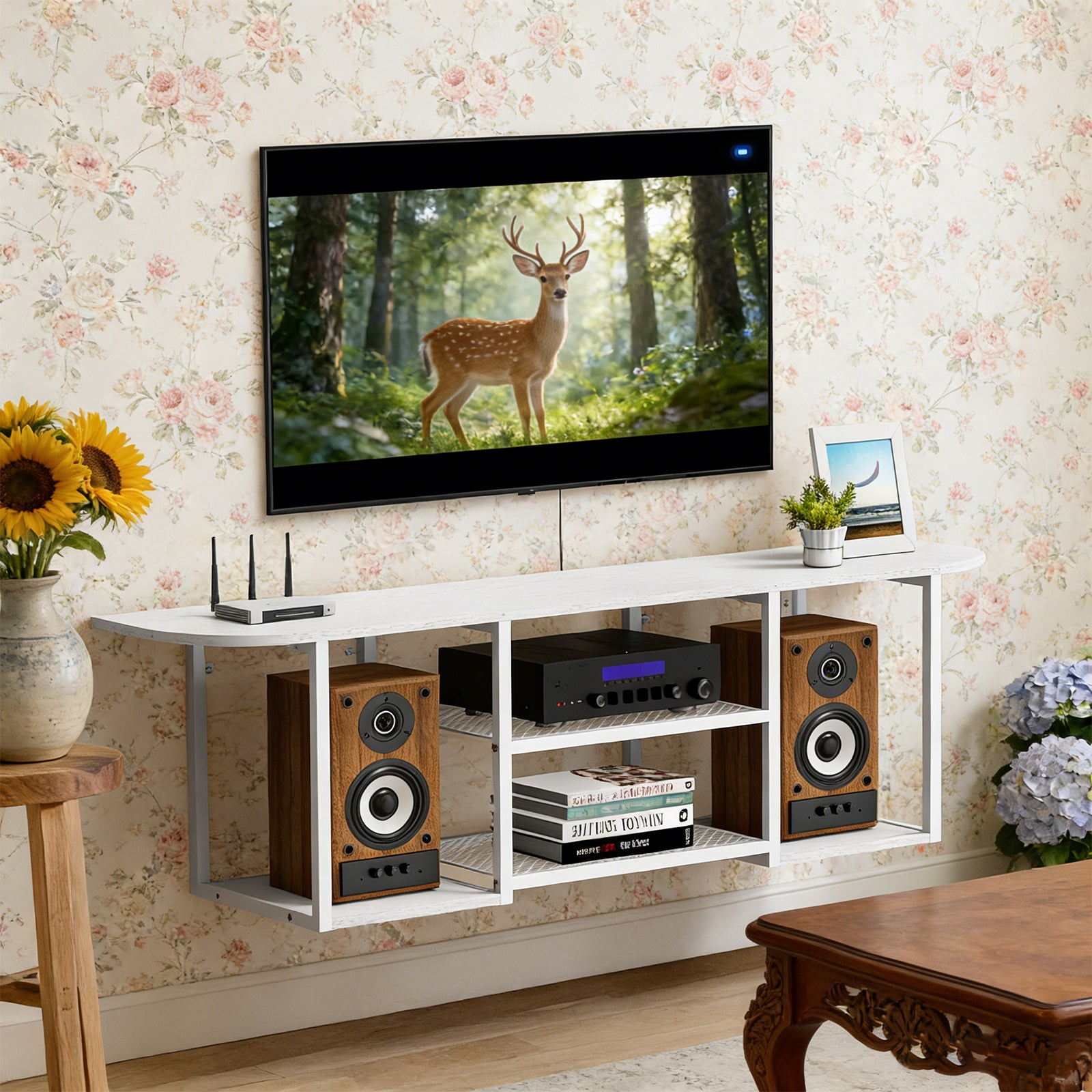 Floating TV Stand (120cm) - Wall Mounted White Entertainment Centre for 50" TVs w/ Open Shelves