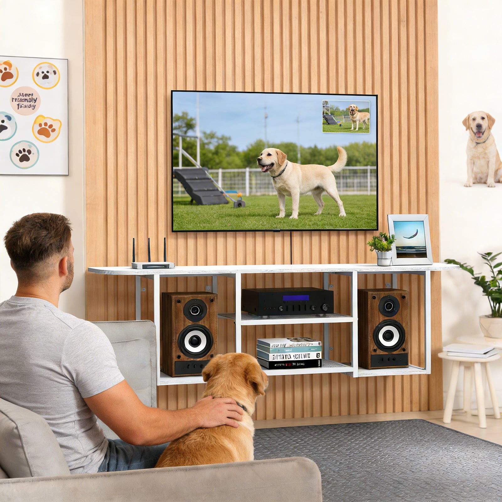 Floating TV Stand (120cm) - Wall Mounted White Entertainment Centre for 50" TVs w/ Open Shelves