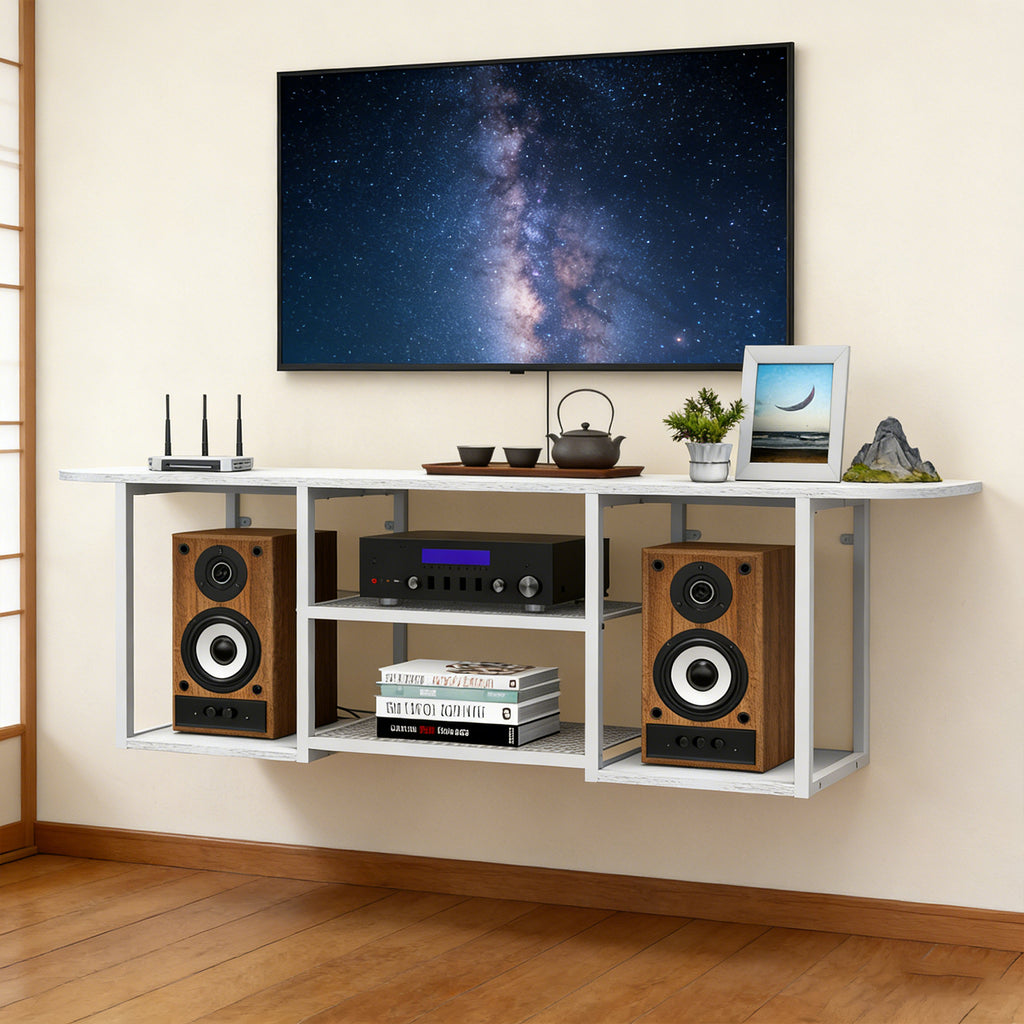 Floating TV Stand (120cm) - Wall Mounted White Entertainment Centre for 50" TVs w/ Open Shelves
