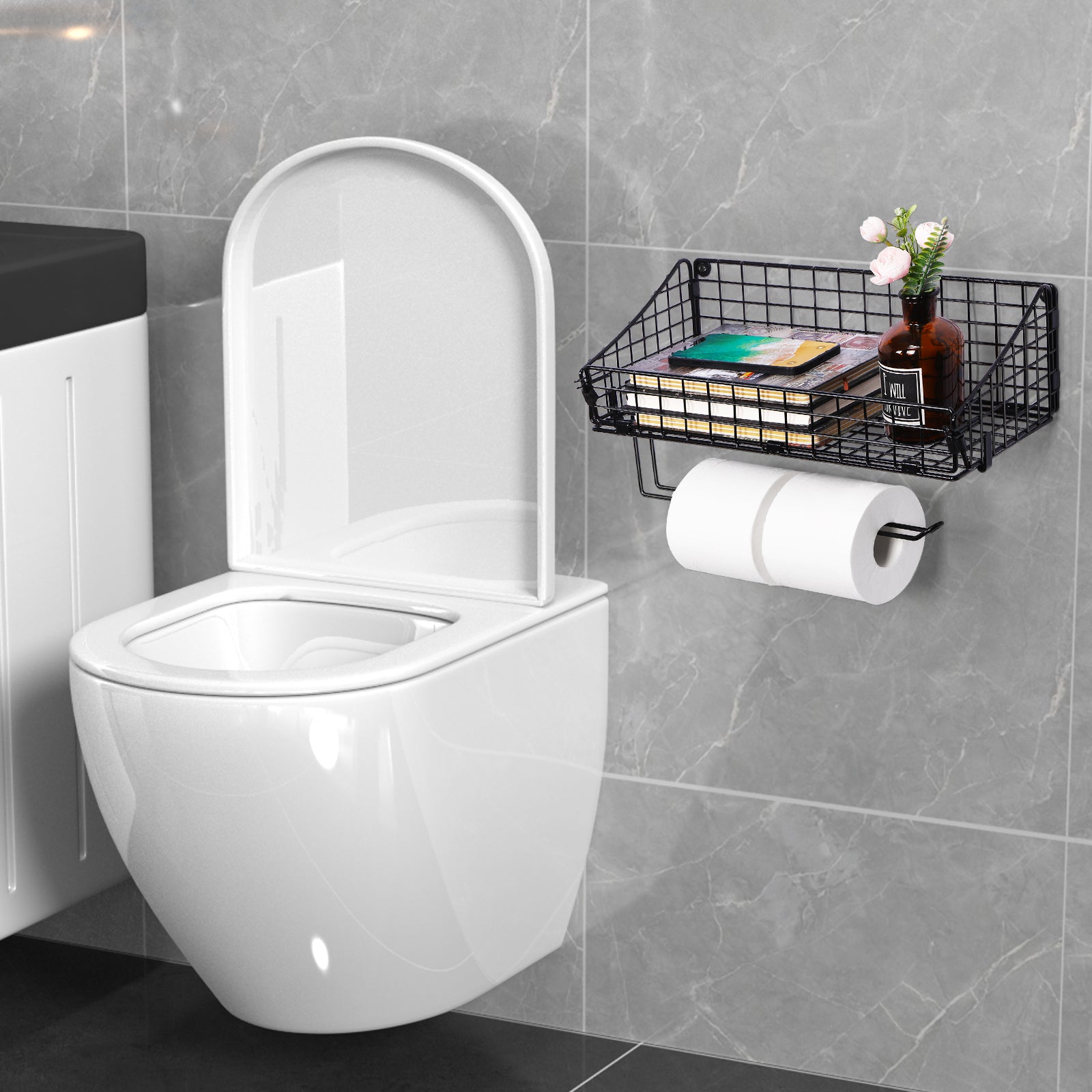 Black Metal Mesh Wall-Mounted Storage Basket with Integrated Paper Towel Dispenser for Multi-Room Organization