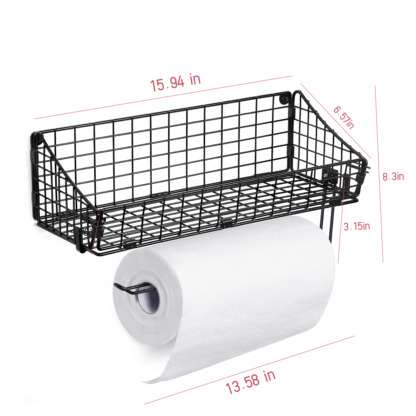 Black Metal Mesh Wall-Mounted Storage Basket with Integrated Paper Towel Dispenser for Multi-Room Organization
