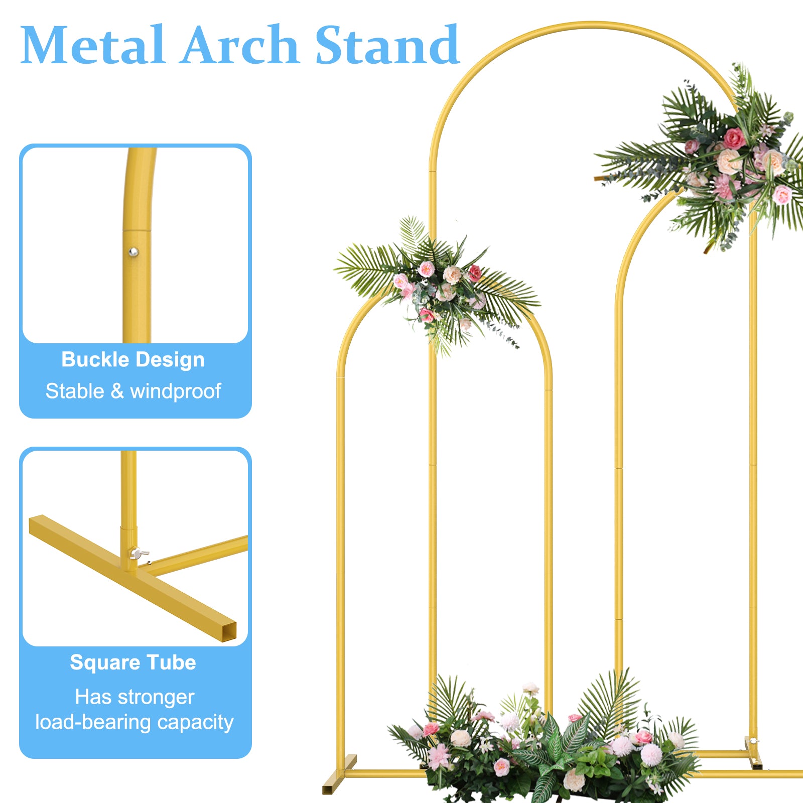 Gold Metal Arched Backdrop Frame Set of 3, Heights 4ft, 5ft, and 6ft, Triple Piece Floral and Balloon Display Stand for Wedding Ceremony, Anniversary Party, and Photography Backgrounds