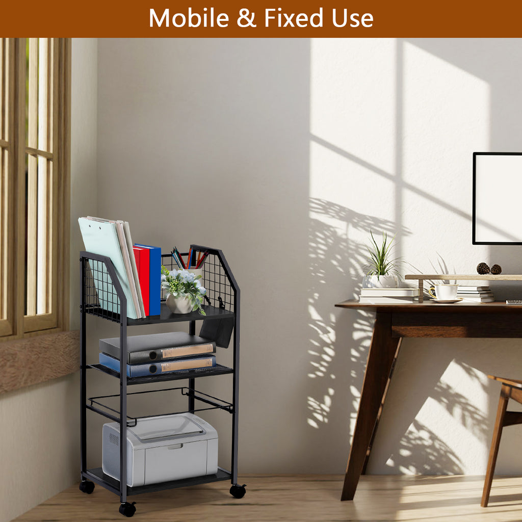 3 Tier Rolling File Cart with Hanging File Folders, Desk Organizer, File Organizer for Desk, Mobile File Cabinet on Lockable Wheels, Under Desk Storage for Home Office School